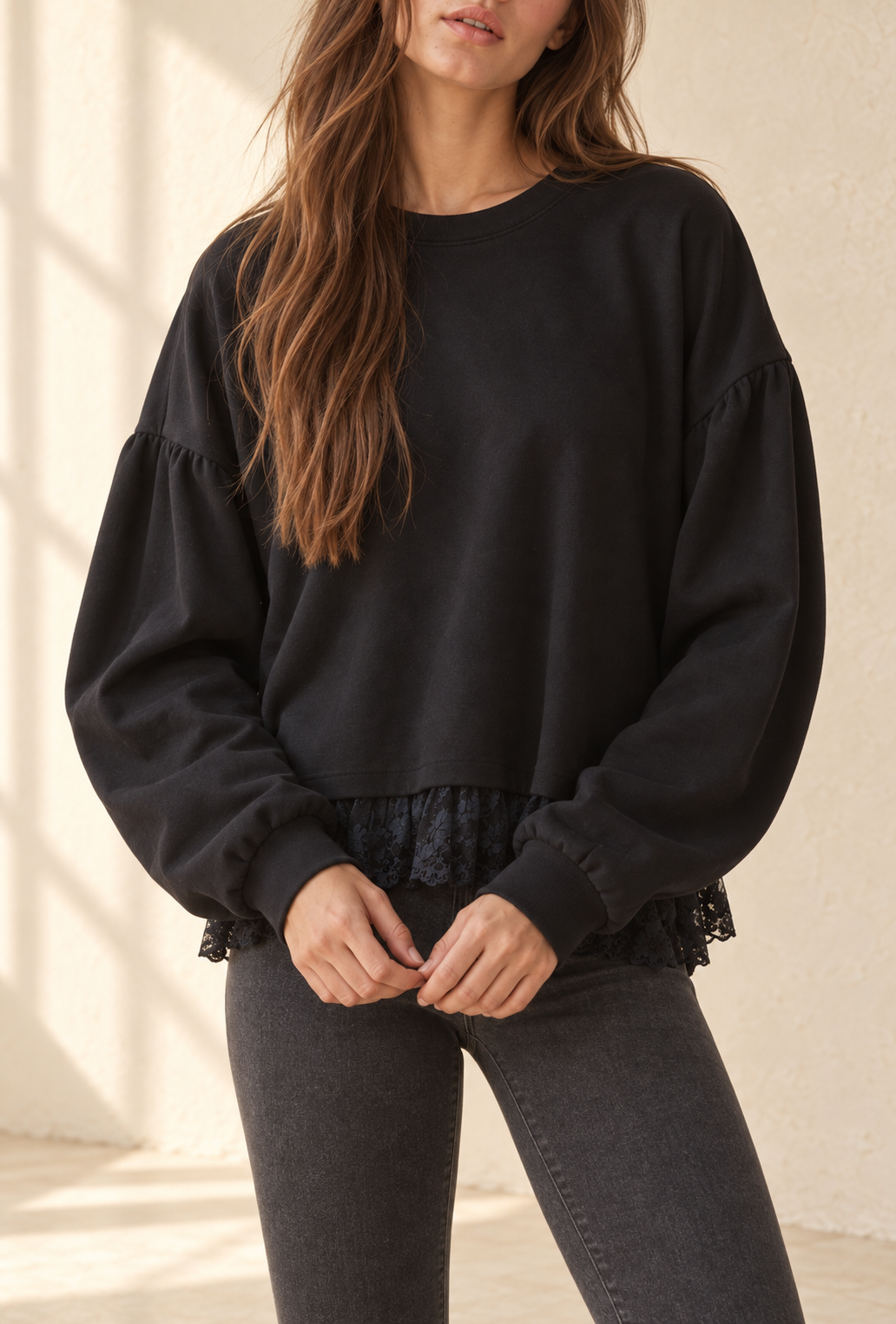 The Lace-Hem Knit Pullover in Black