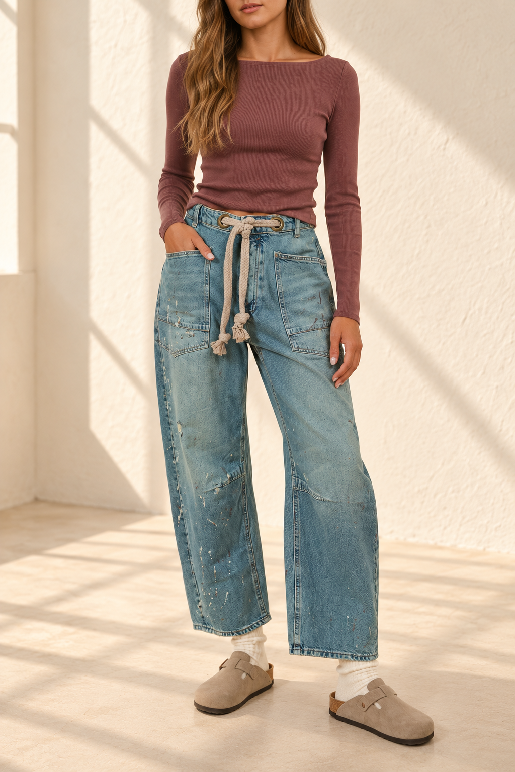 Braided Waist Belt Drip Paint Washed Denim Pants - PRE-ORDER!!