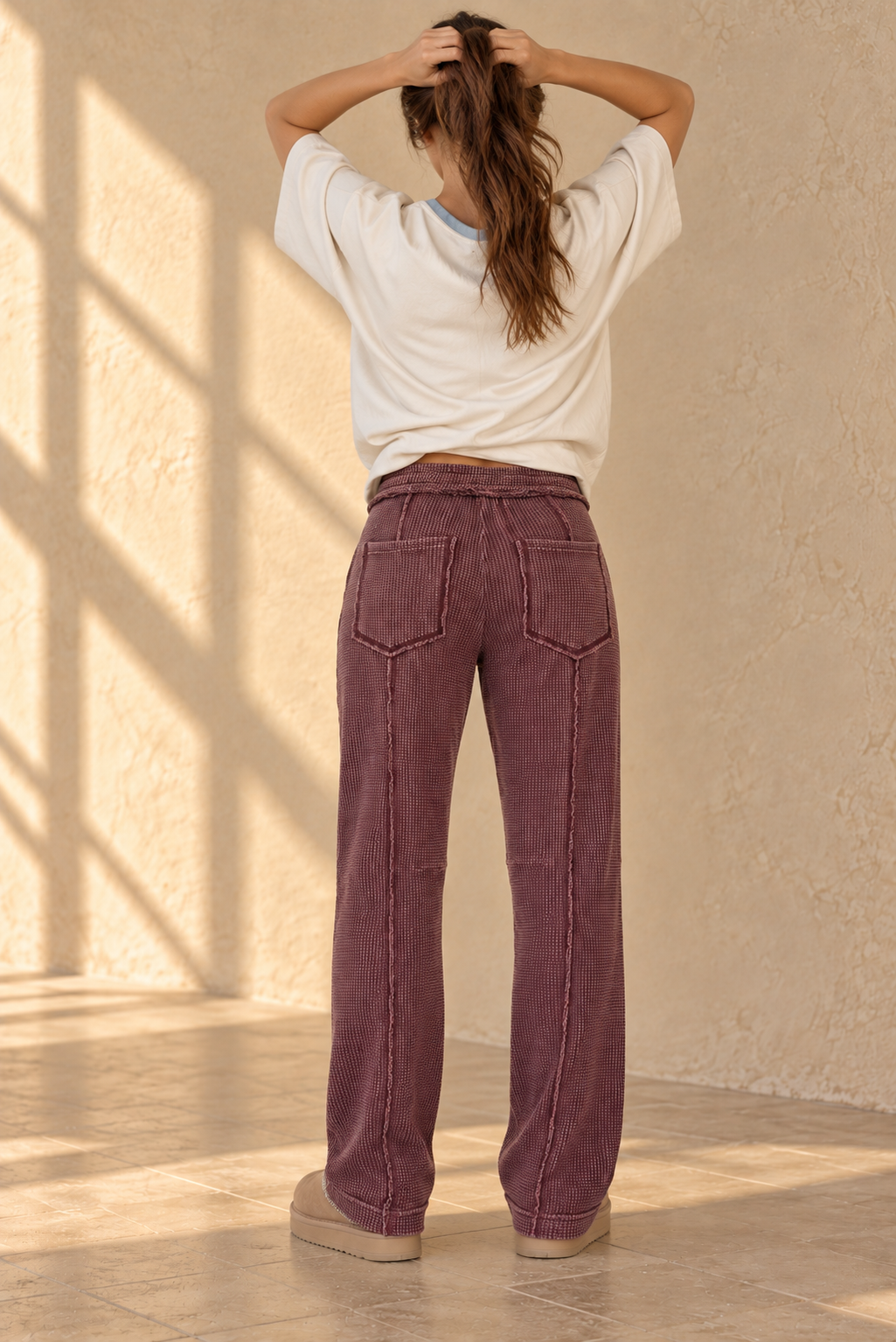 Mineral Wash Waffle Thermal Utility Pant in Burgundy