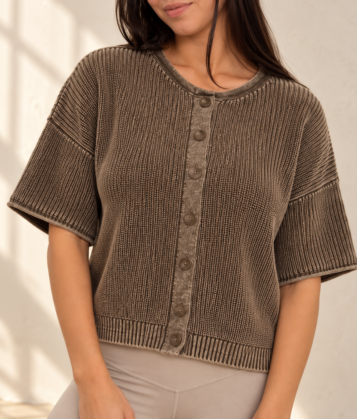 The Mineral-Washed Ribbed Short Sleeve Sweater in Espresso