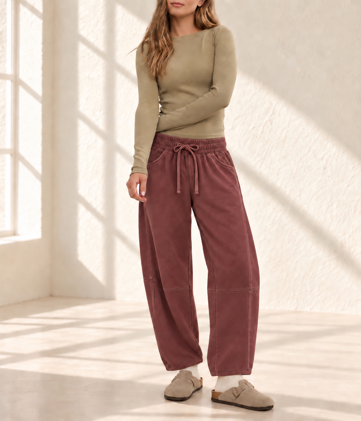 The Mineral-Wash Barrel Lounge Pants in Burgundy
