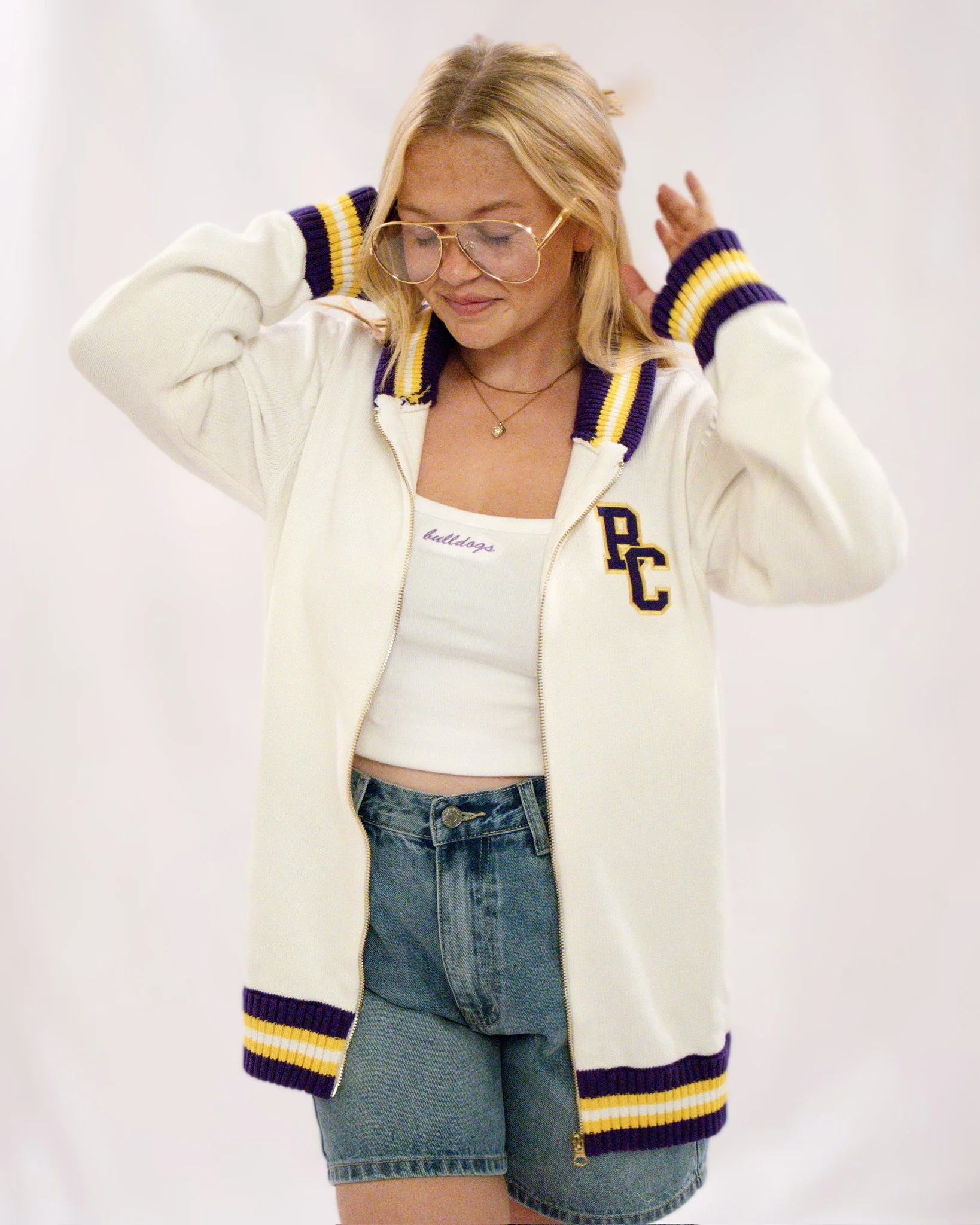 The White "Varsity Letter" Zip-Up Knit Cardigan