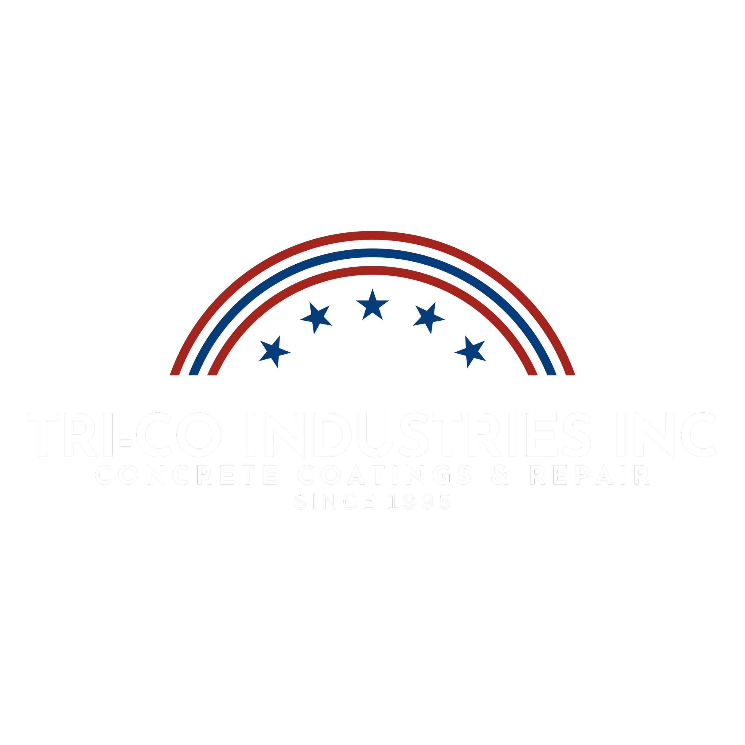 Logo of Tri-Co Industries Inc., a concrete coatings and repair company, featuring a rainbow with red and blue stripes and stars