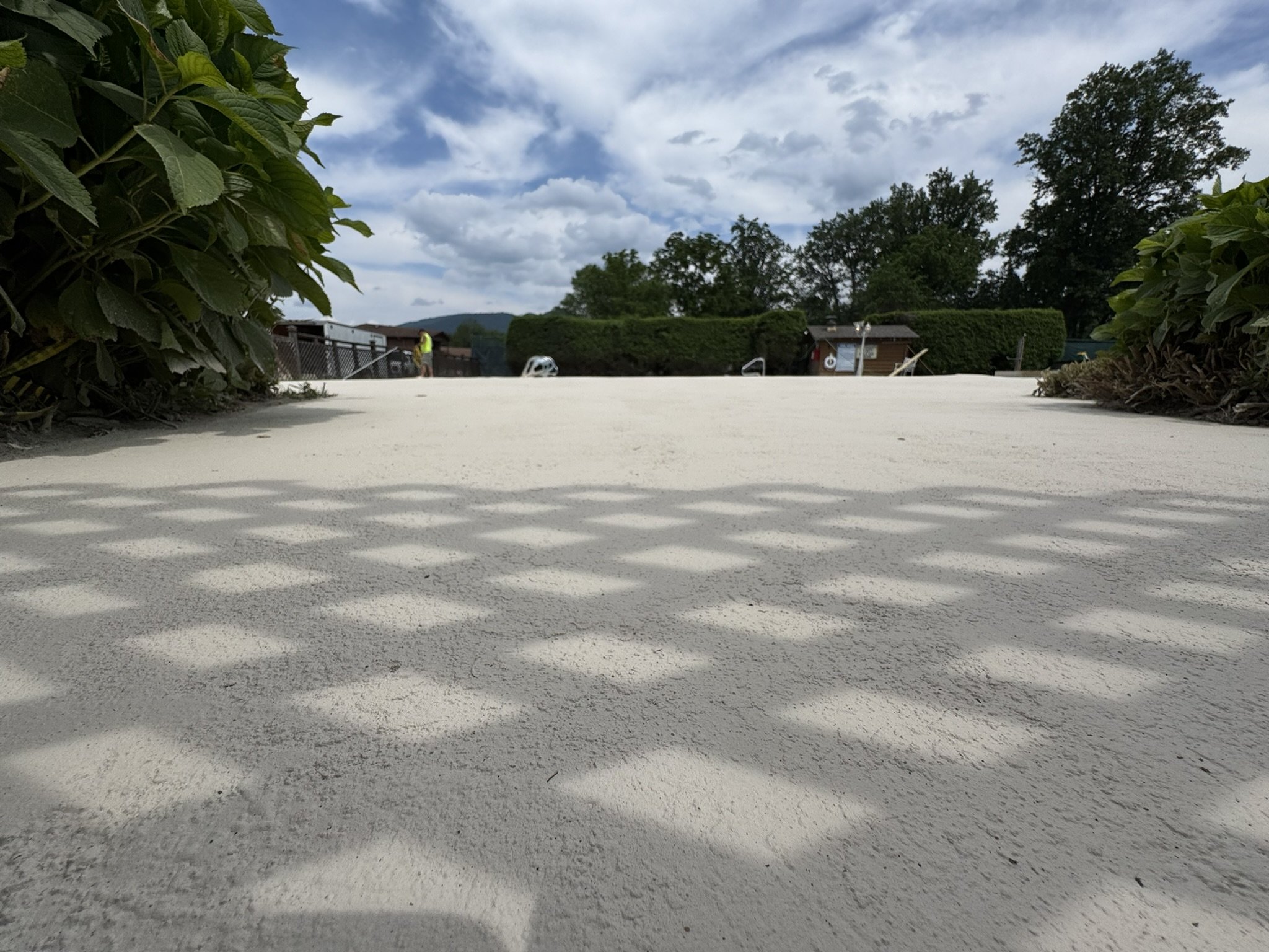 Low-angle view of a concrete sidewalk with shadows of plants cast on it, bordered by green bushes on both sides, with a person in a yellow vest, trees, and cloudy sky in the background.