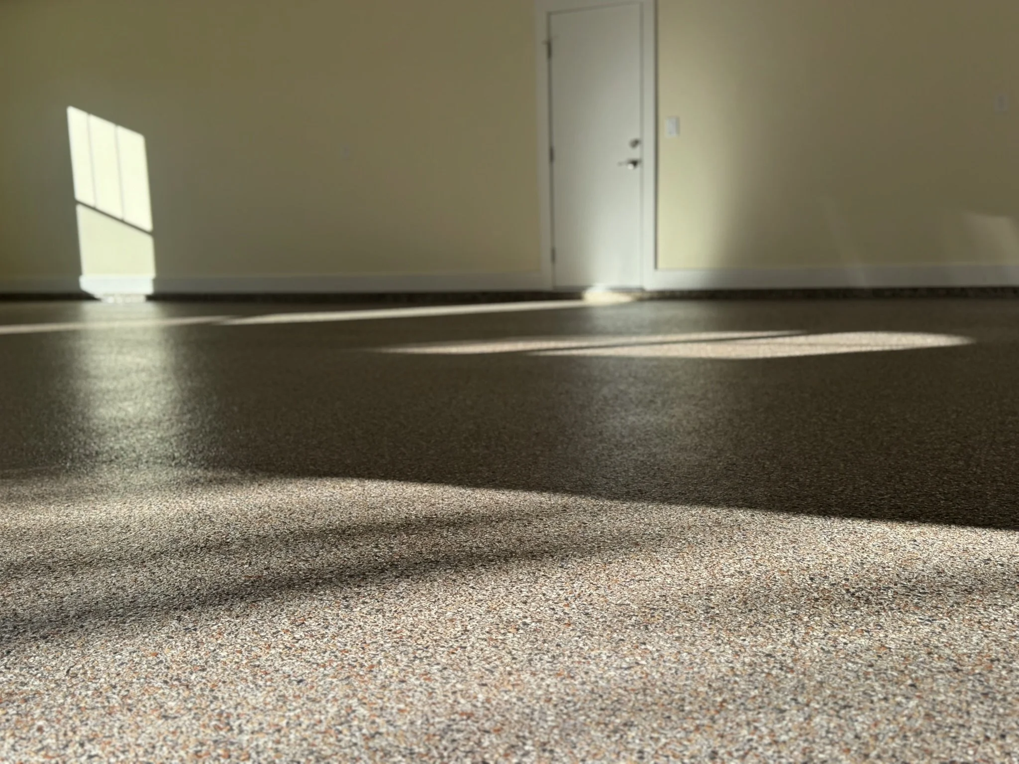 Sunlight streaming through a window, casting shadows on a beige carpeted floor inside a room with closed white door.