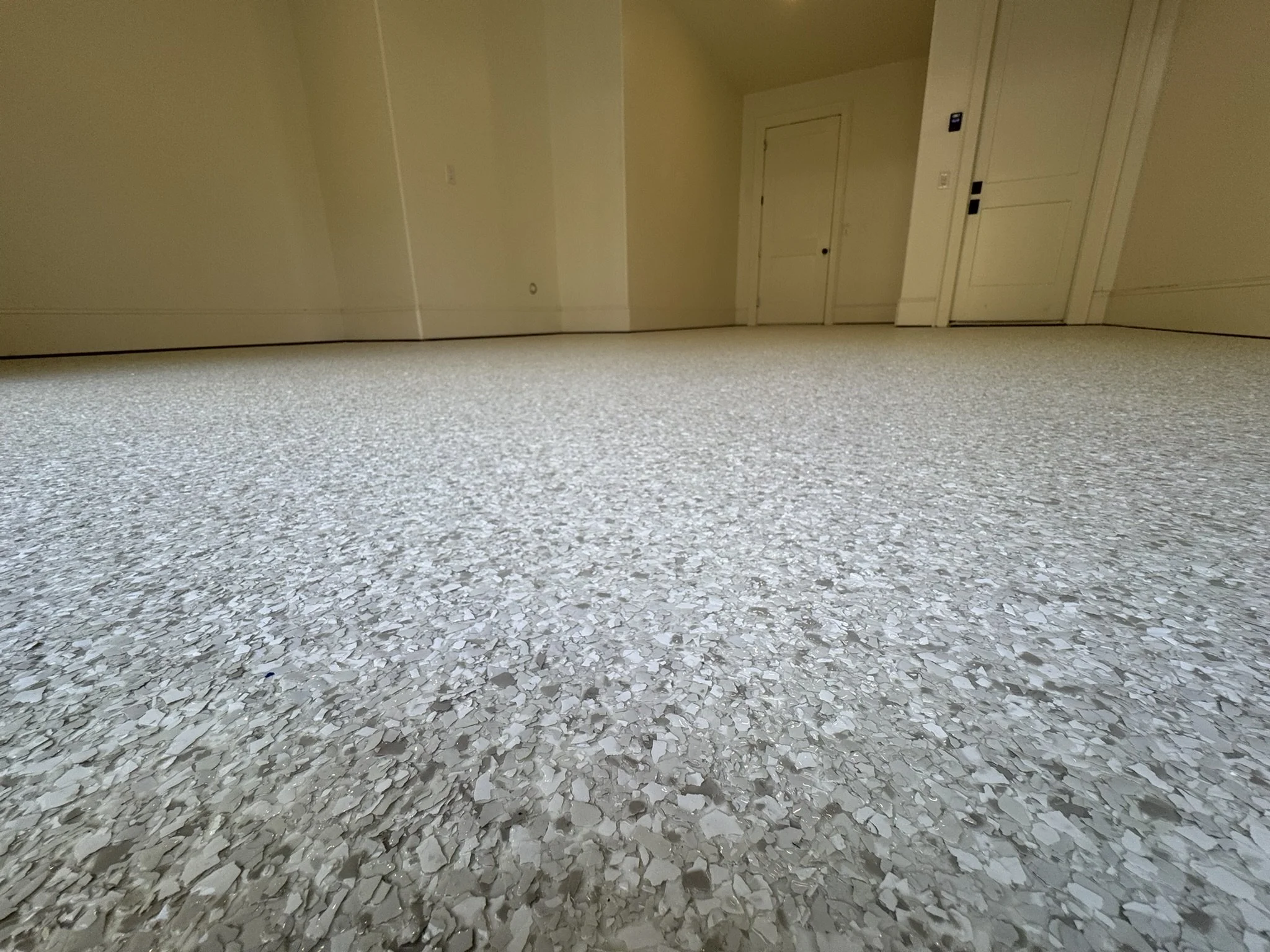 Empty room with beige walls and a textured light-colored carpet, view from the floor level showing doorways and wall switches.