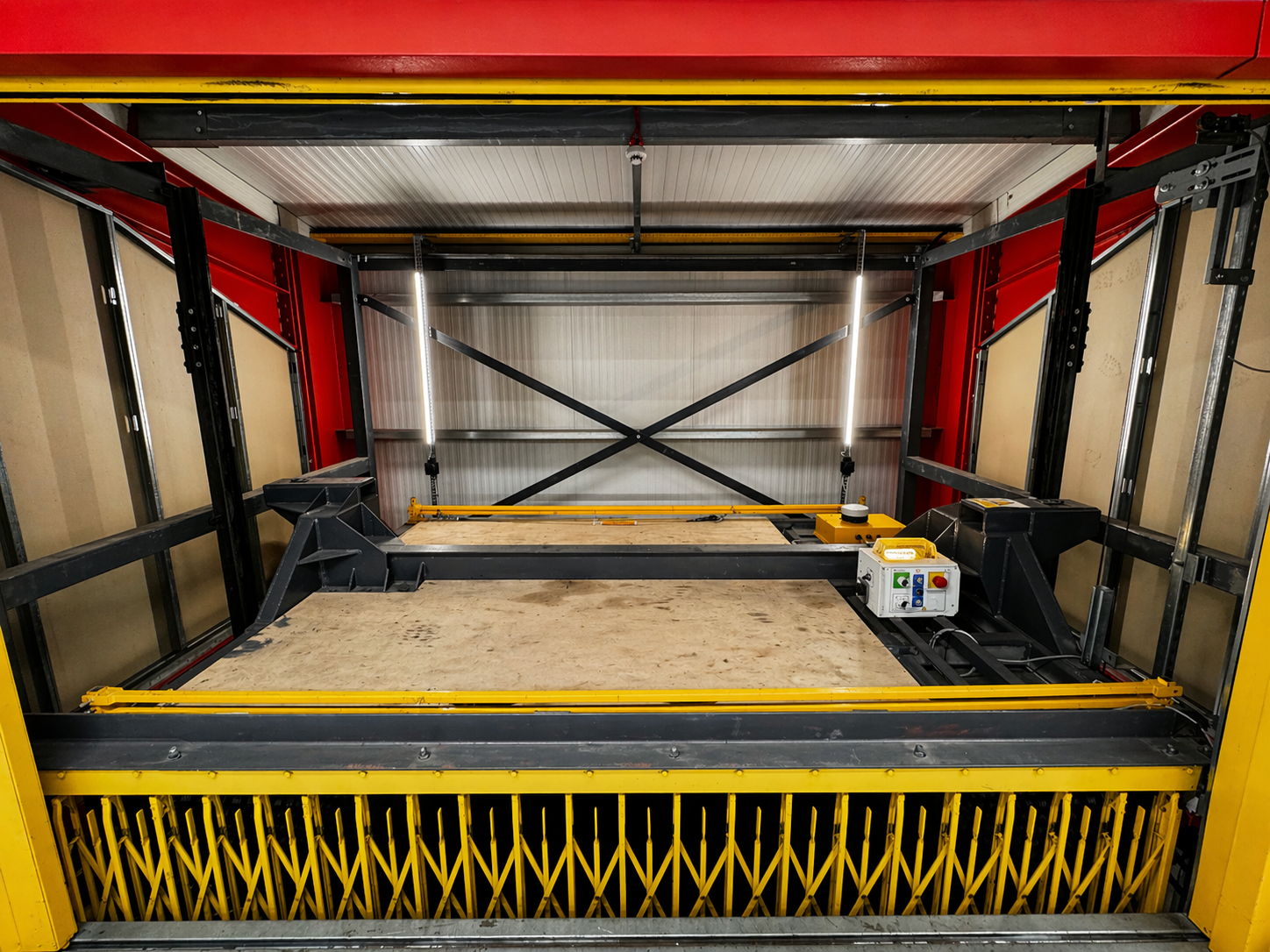 The top of a lift car, from the perspective of being on the landing.