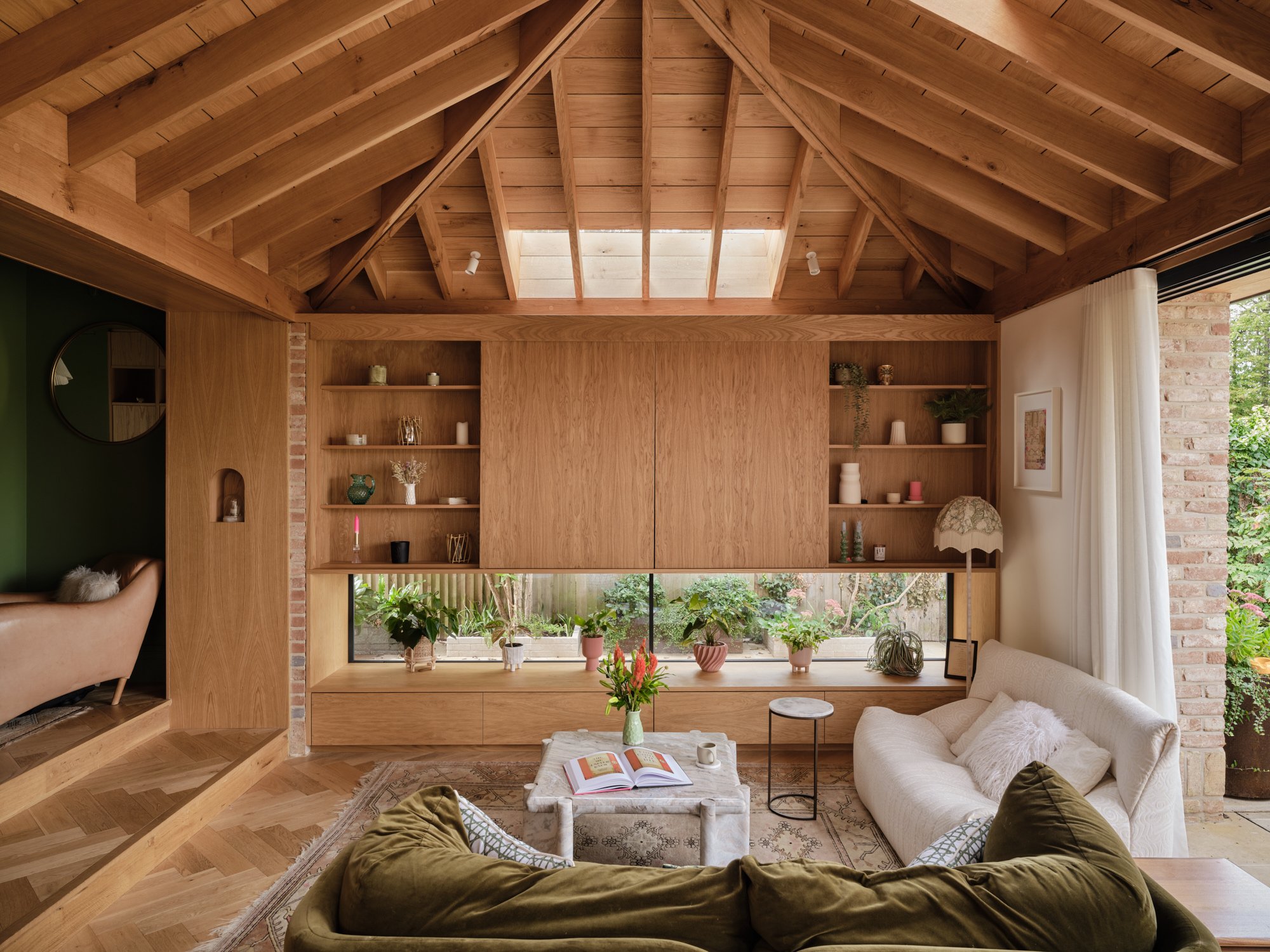 Vaulted oak-framed living space with rooflights at Cromwell Road, Teddington