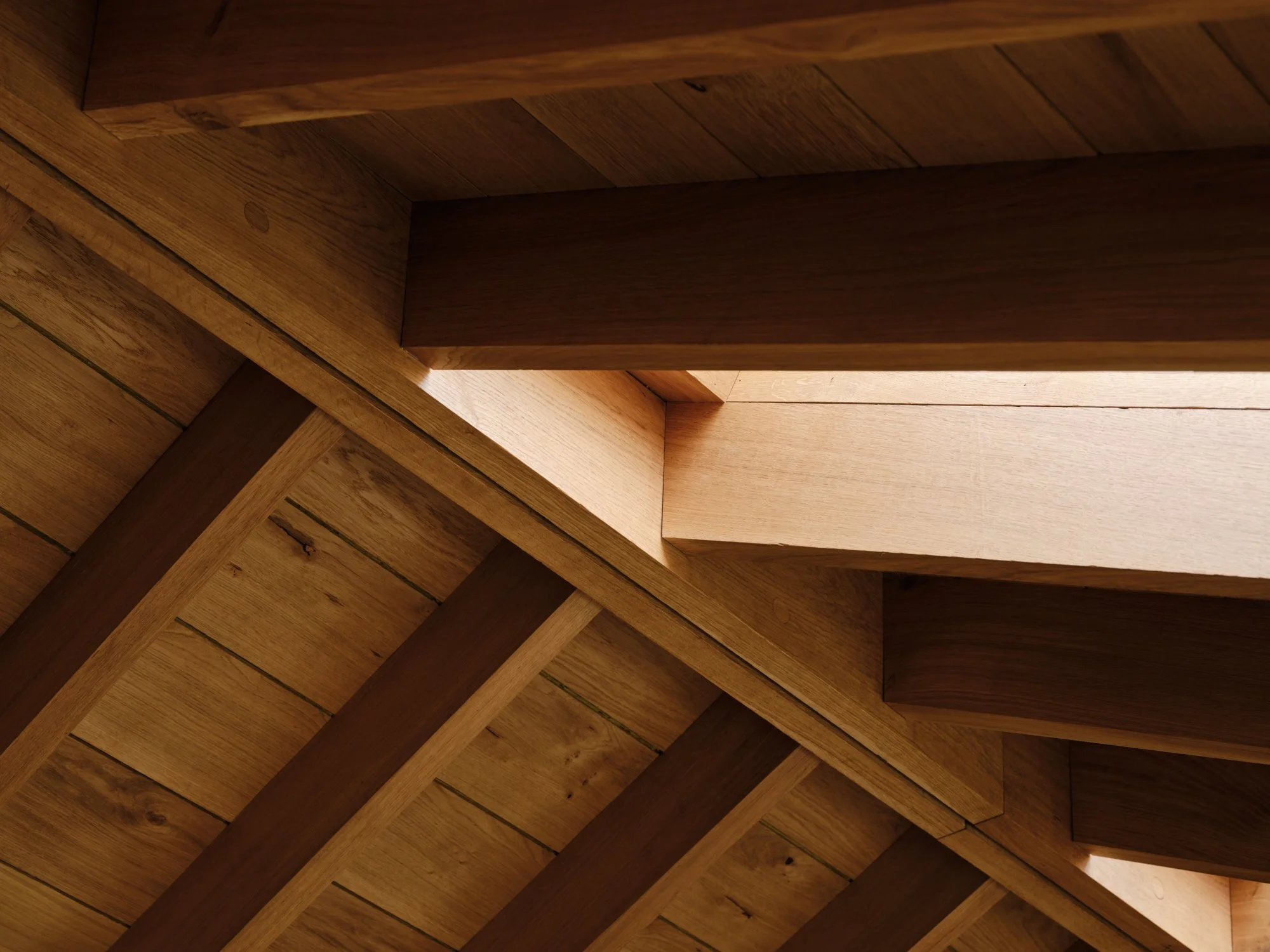 Oak roof beams joined with concealed fixings, Cromwell Road, Teddington