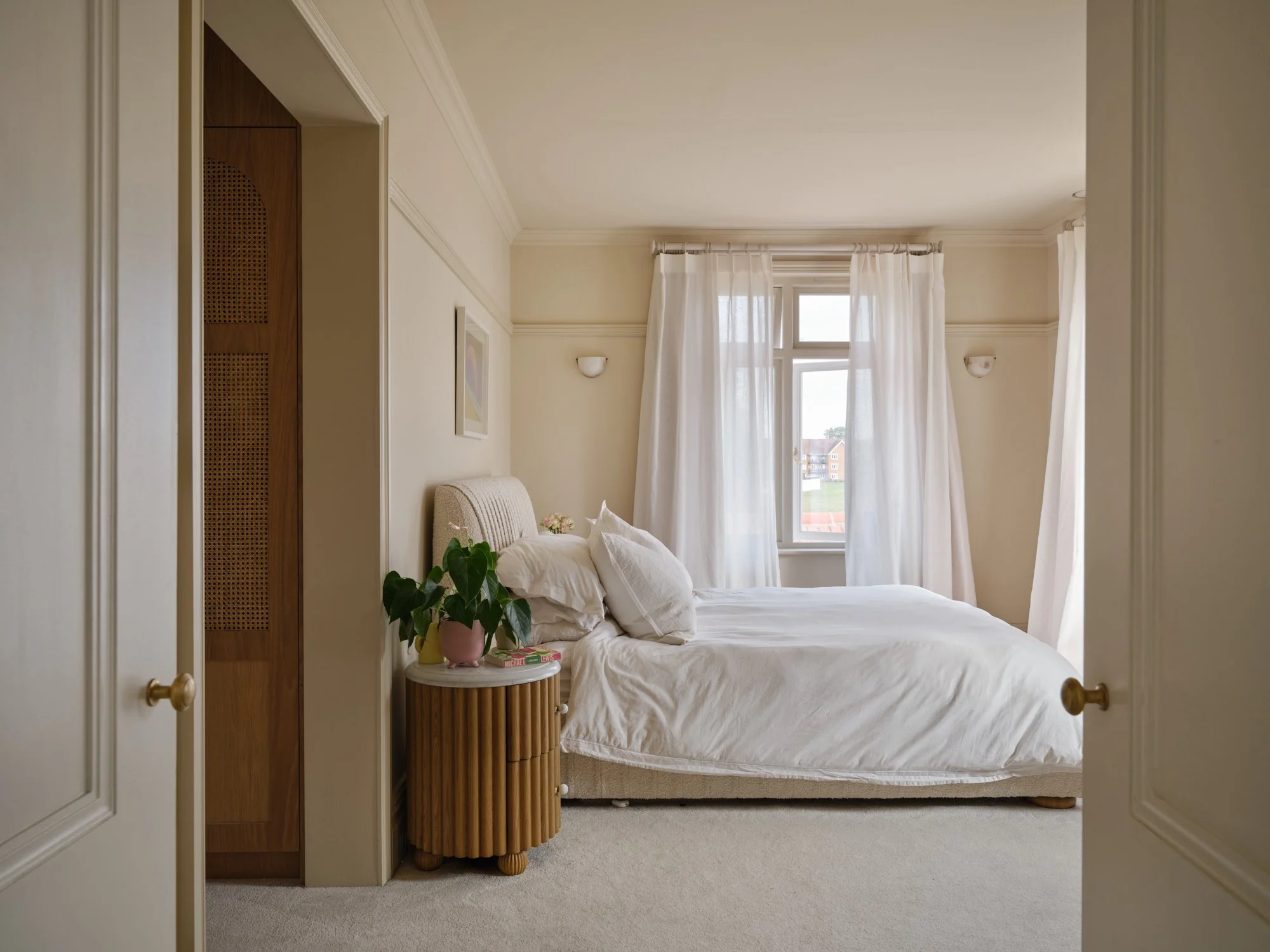 Master bedroom with linen curtains, seen from the doorway, Cromwell Road, Teddington