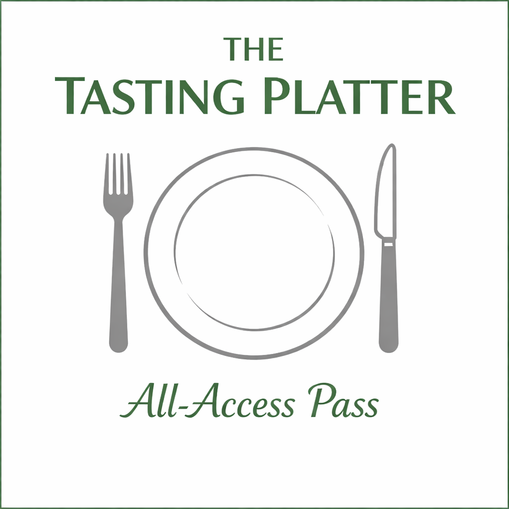 Cover of a book titled 'The Tasting Platter All-Access Pass' with a simple illustration of a dinner plate, fork, and knife.