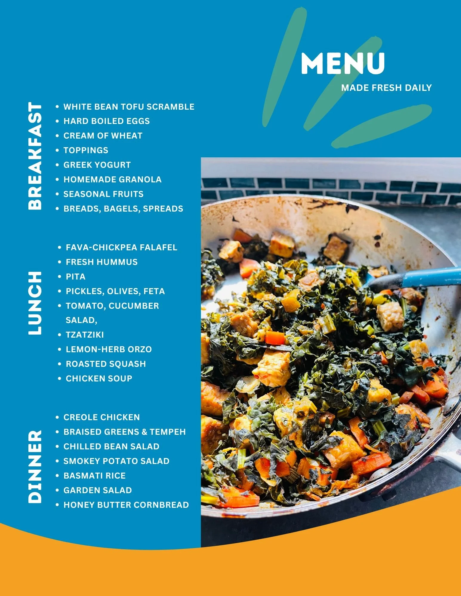 A menu card with food items listed for breakfast, lunch, and dinner, accompanied by a photograph of cooked vegetable dishes. The menu states that all items are made fresh daily.