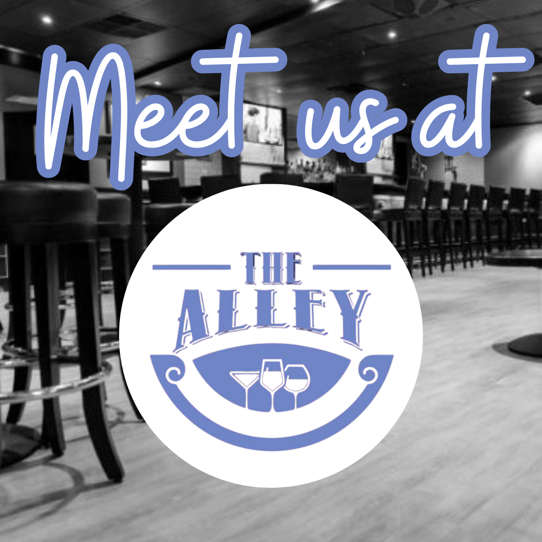 A promotional graphic for The Alley with the text "Meet us at" above the logo, which features three drink glasses inside a circular design, in front of a black-and-white bar interior with high chairs and a counter.