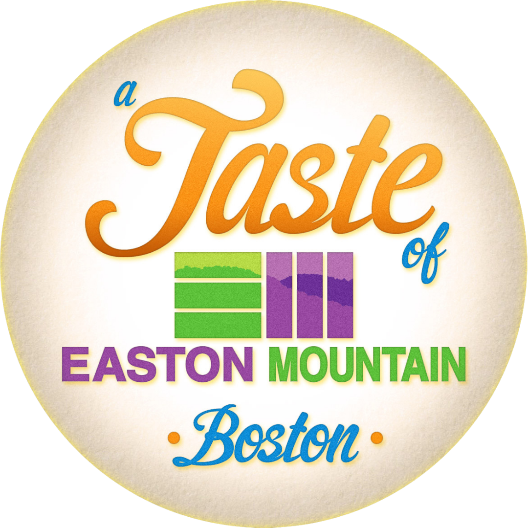 A circular logo with the text 'A Taste of Easton Mountain, Boston' in colorful fonts and a stylized mountain and field graphic in the center.