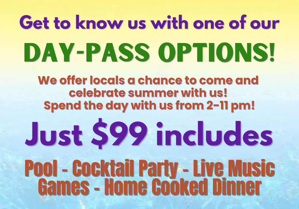 Colorful advertisement flyer promoting a summer celebration event with day-pass options for $99, including pool, cocktail party, live music, games, and home-cooked dinner from 2 to 11 pm.