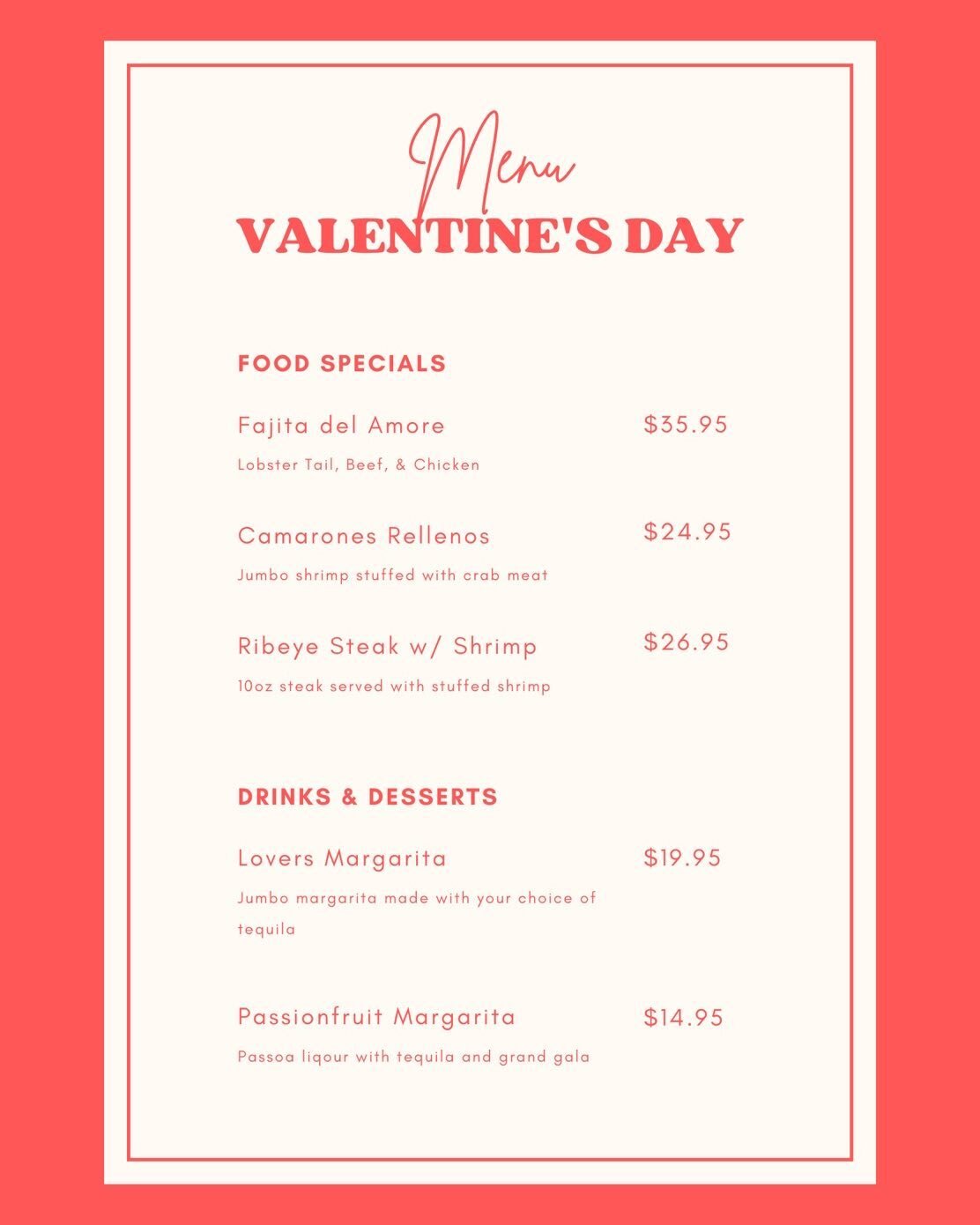 We hope your day is filled with Love and Joy. Join us as we celebrate Love with our special Valentines Day Menu and a live acoustic guitar performance at our Arlington location.