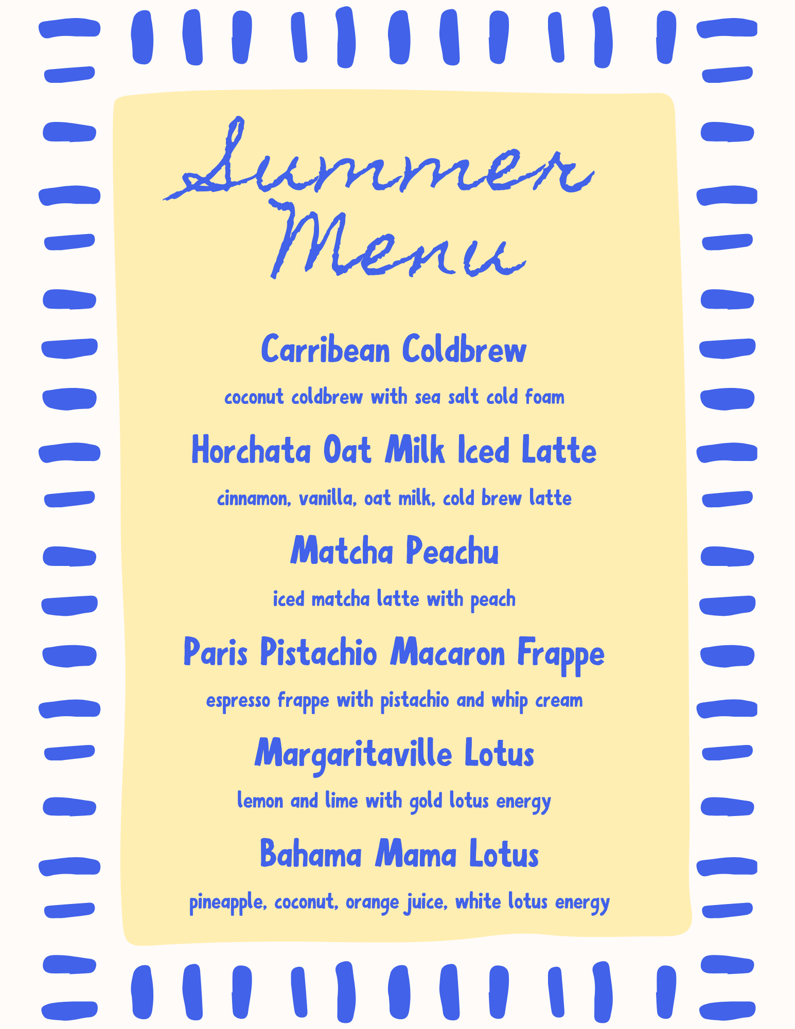 Summer menu with drink options including Caribbean Coldbrew, Horchata Oat Milk Iced Latte, Matcha Peachy, Margaritaville Lotus, and Bahama Mama Lotus.