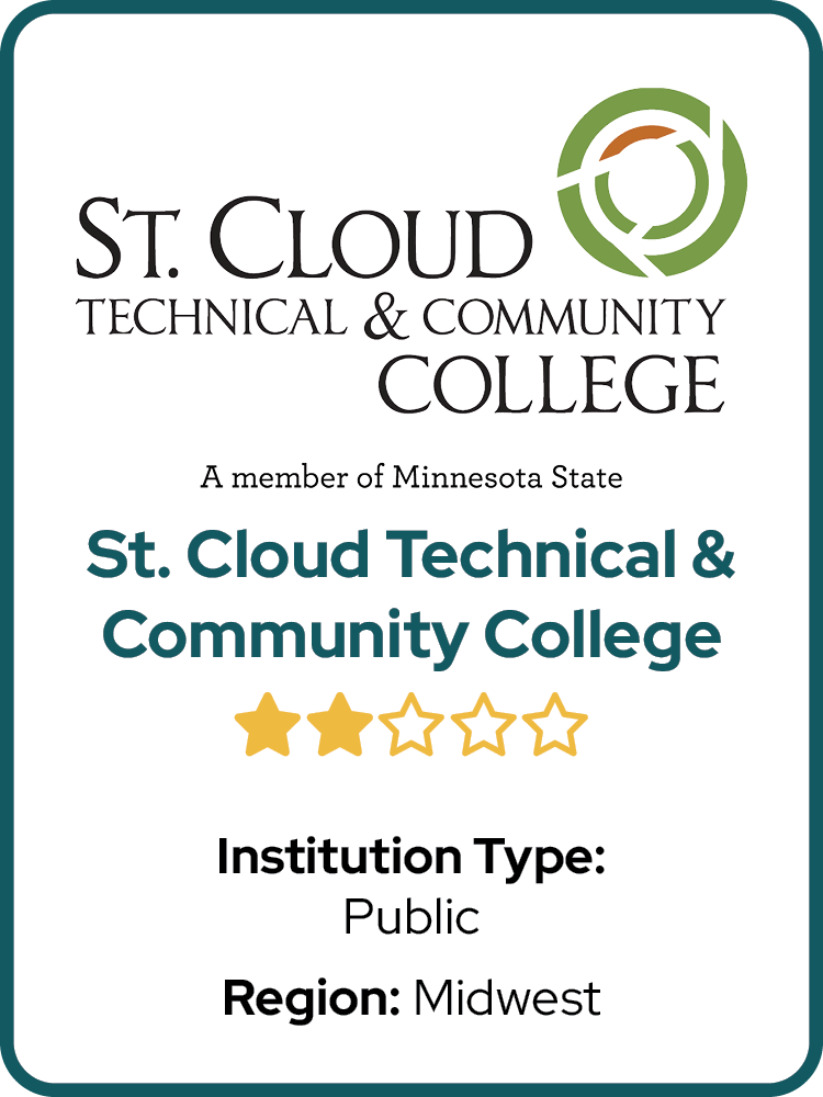  	Public	  
 	Midwest	 
 	⭑ ⭑	  
 	MN	 
 	St Cloud Technical and Community College	 