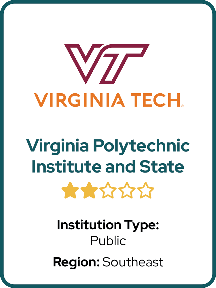  	Public	  
 	Southeast	 
 	⭑ ⭑	  
 	VA	 
 	Virginia Polytechnic Institute and State University	 