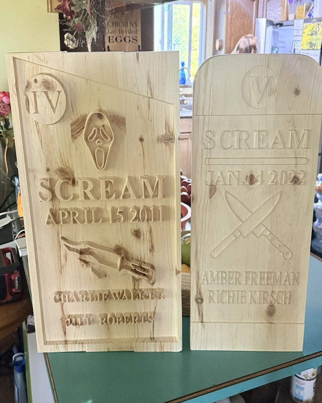 Shop project for Halloween 🎃 Carved these Scream gravestones from pine on the CNC &mdash; weathered-stone finish, topcoat just went on yesterday, ready for the yard Saturday. Handmade in Michigan.