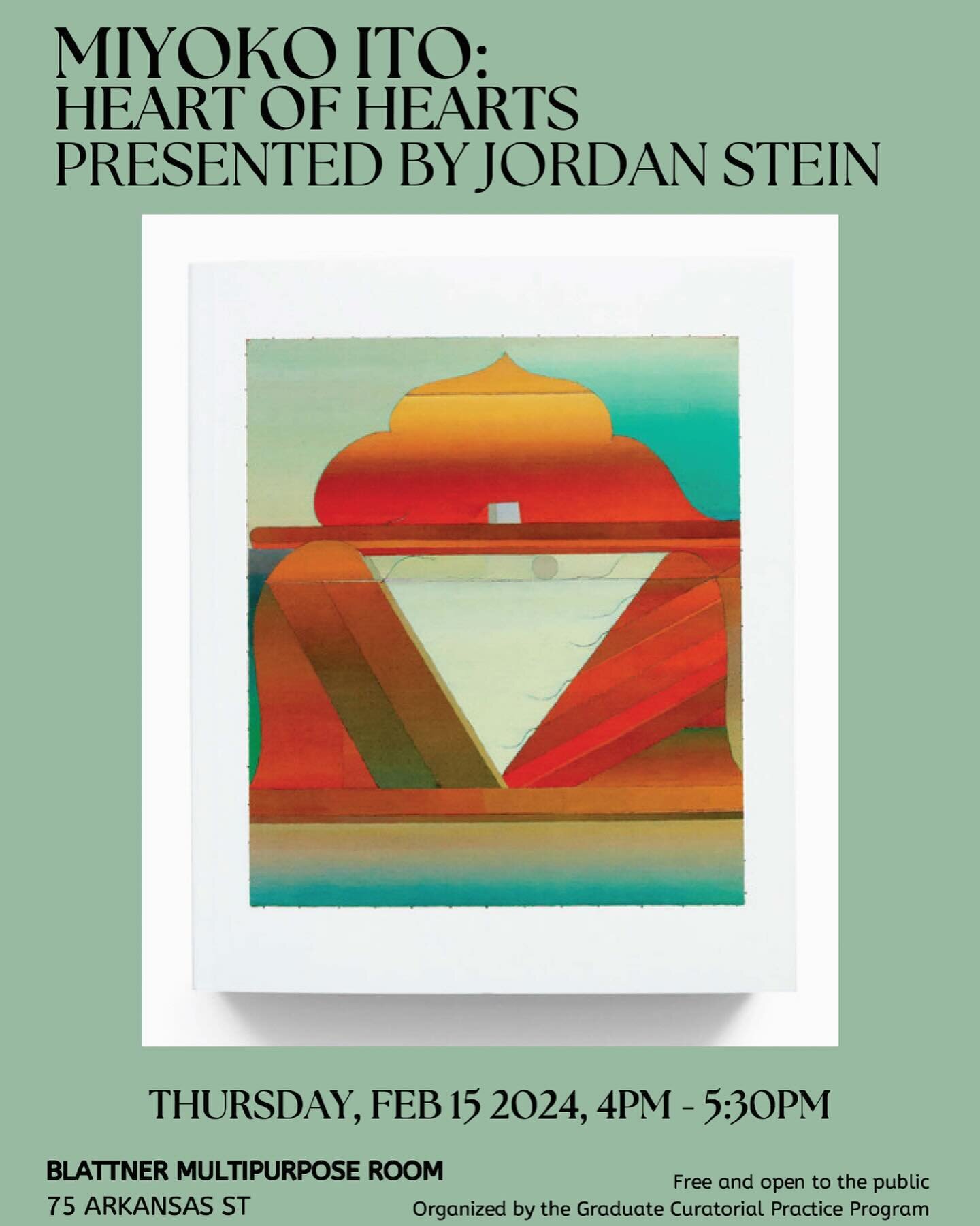 So excited for this talk today! The work of Miyoko Ito, and the beautiful book, by Jordan Stein, at 4pm in Blattner Hall CCA, which is a new space down the street from campus at 75 Arkansas. @cushion_works_and_friends Organized by @glenhelfand @cca_c