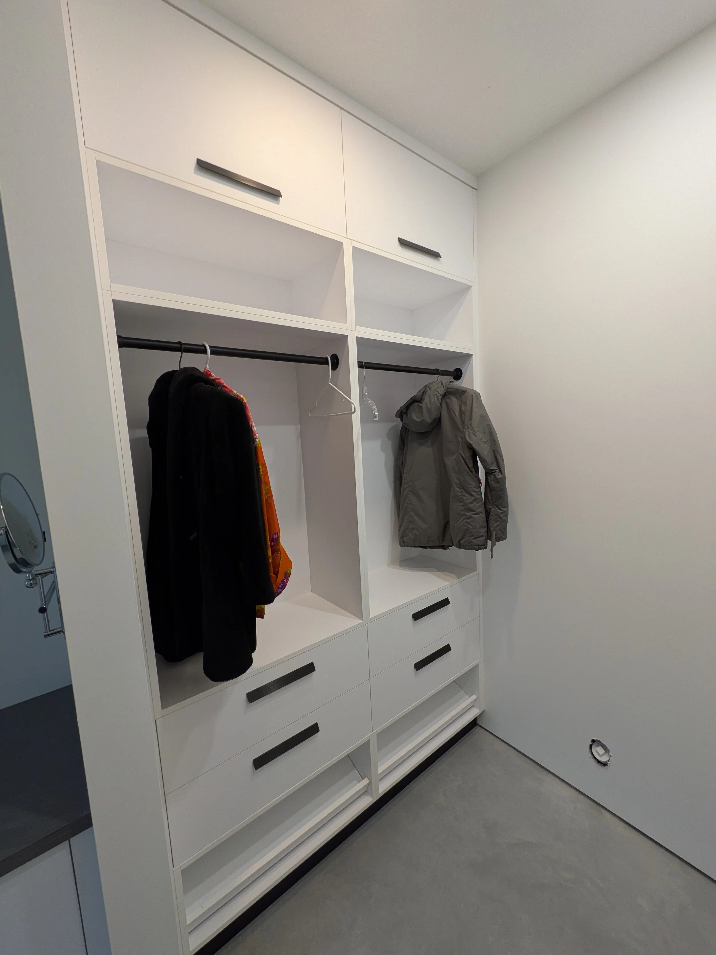 Her Closet (left), shoe storage at bottom