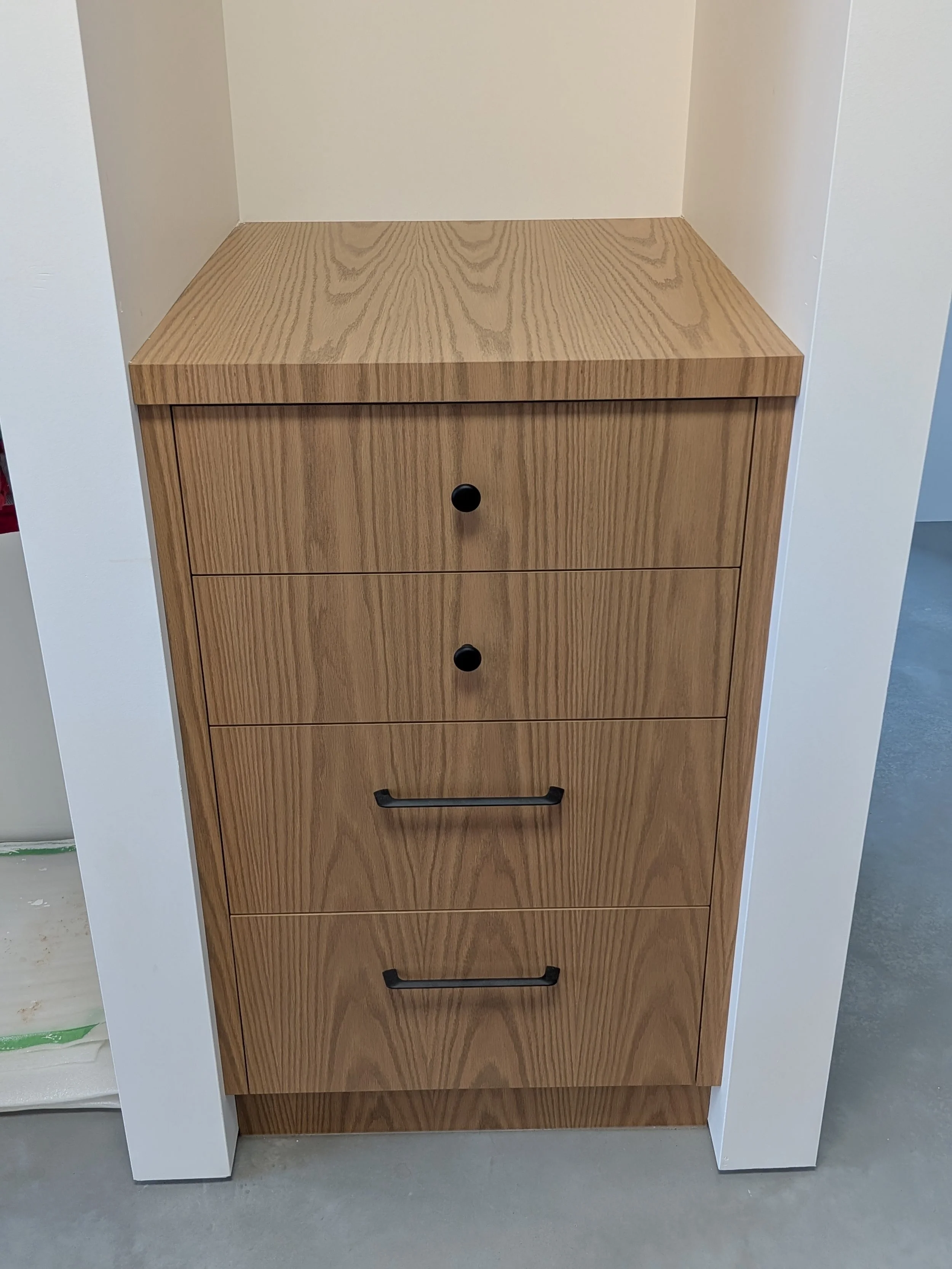 Front entry drawers/key drop. Grain matched oak from back to front/top to bottom