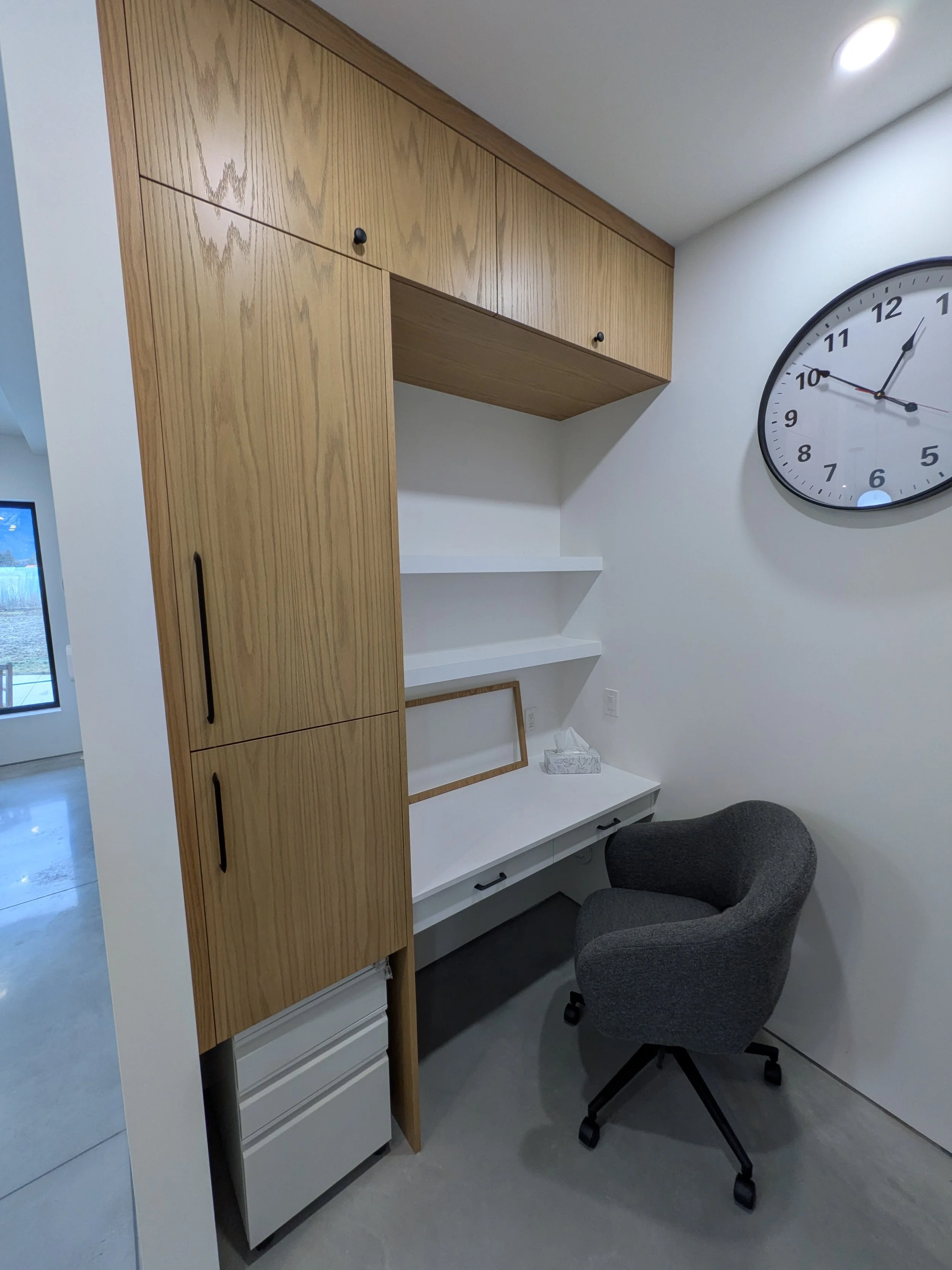 Pantry (left) with recipe research desk and cookbook shelves