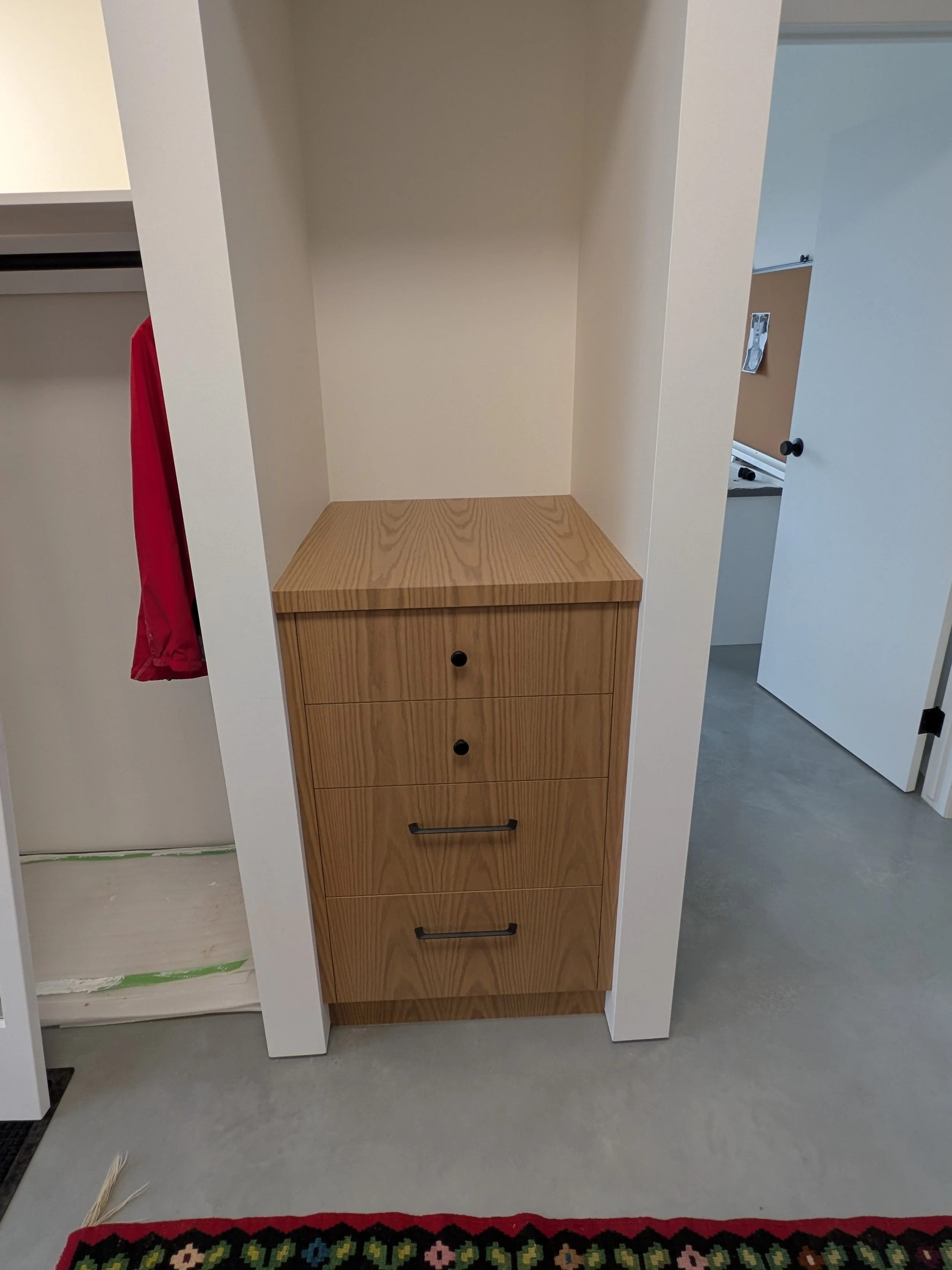 Front entry drawers/key drop. Grain matched oak from back to front/top to bottom