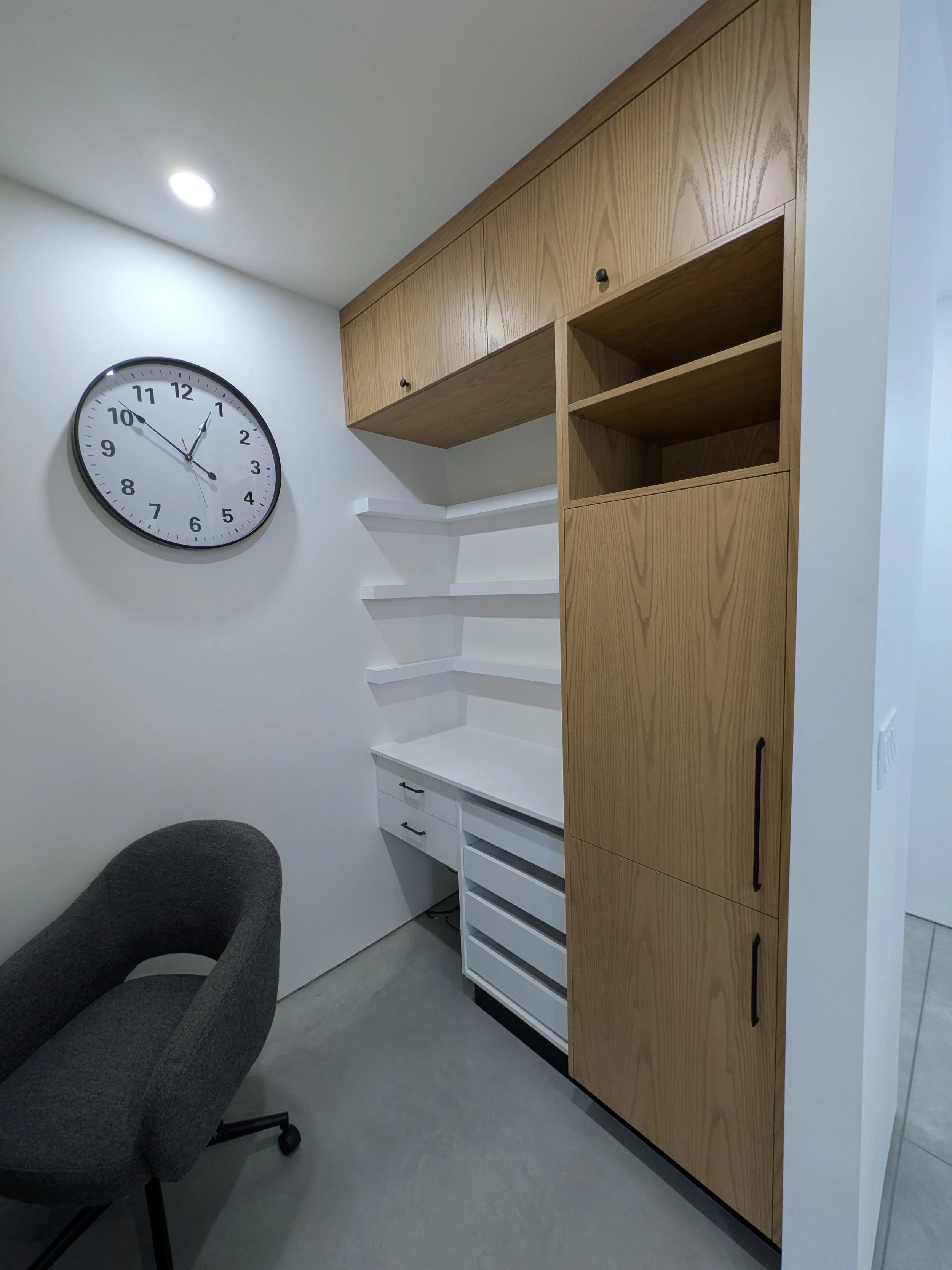 Pantry (right) with produce drawers, appliance countertop, and spice/oil shelves. Tower comes with roll out shelves.