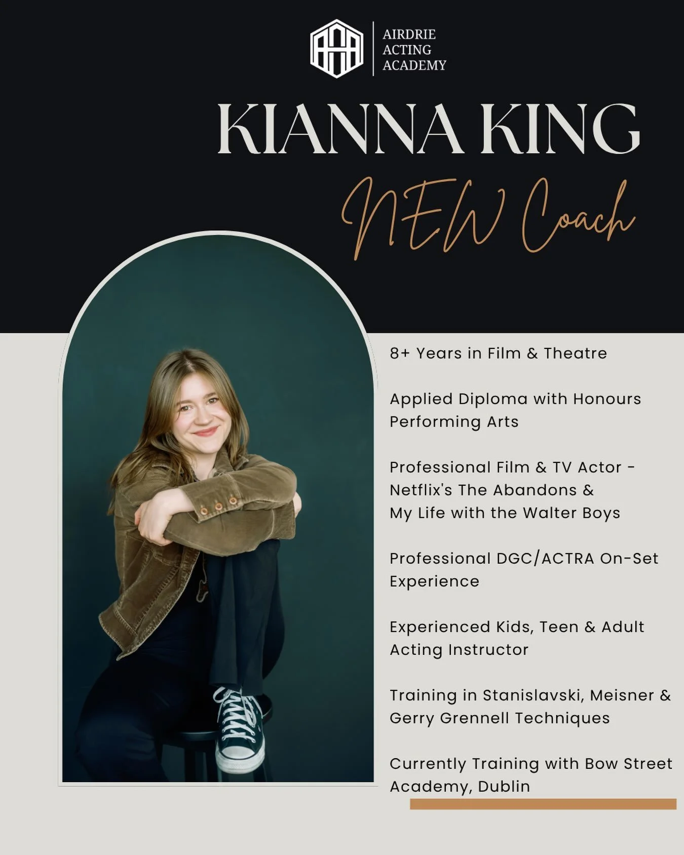 🎬 WELCOME TO THE TEAM, KIANNA KING! 🎬

We are incredibly excited to announce that Kianna King is joining the Airdrie Acting Academy coaching team for our Winter 2027 12 WEEK COURSE!

Kianna brings something incredibly valuable to our students &mdas