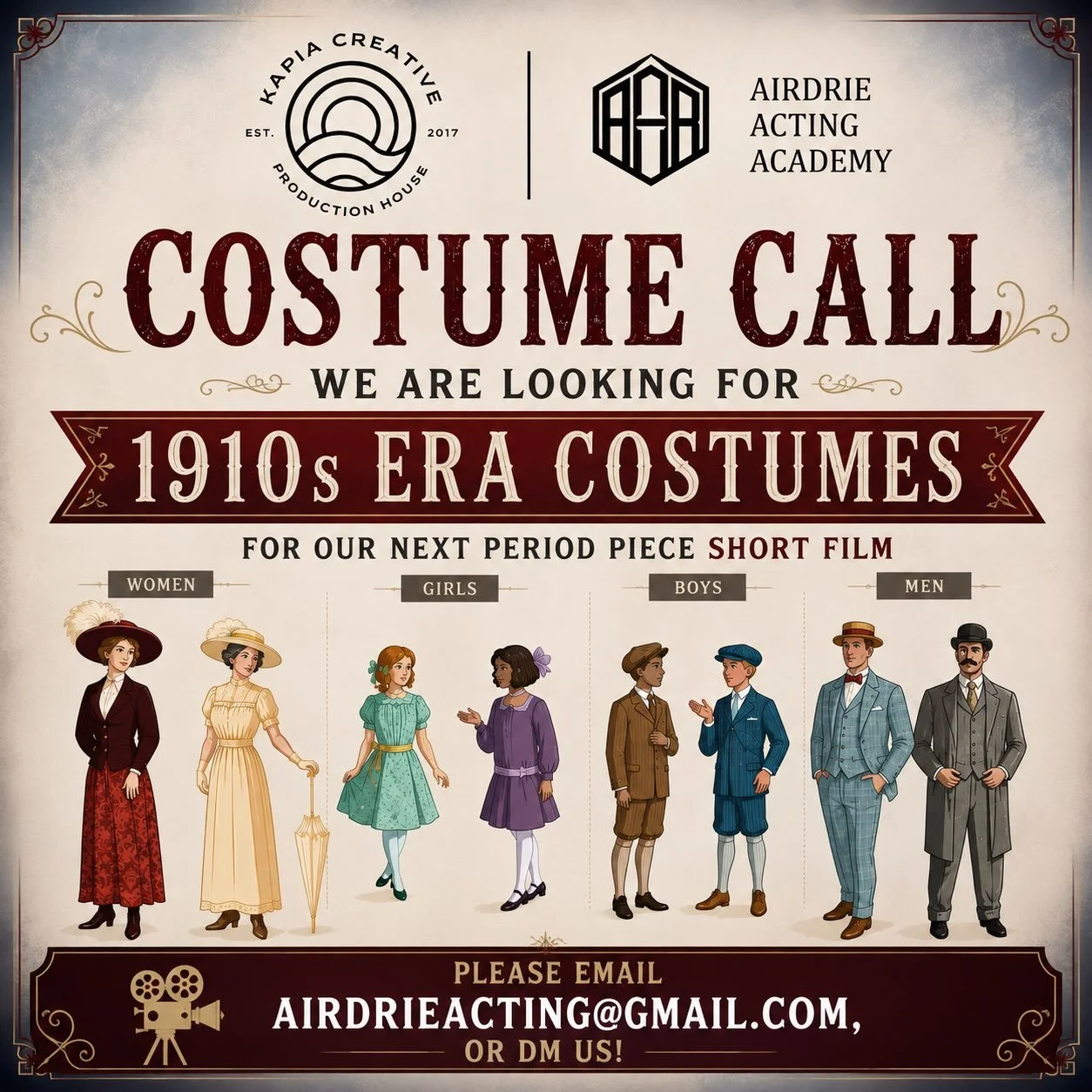 📢 WE ARE LOOKING FOR 1910s-1920s COSTUMES FOR OUR NEXT PRODUCTION FILMING IN SEPTEMBER 📢 

🎭 If you own these costumes, or a company who rents them or a theatre company that would allow us to use them for a rate - PLEASE REACH OUT 🙏🏼 

#theatrec