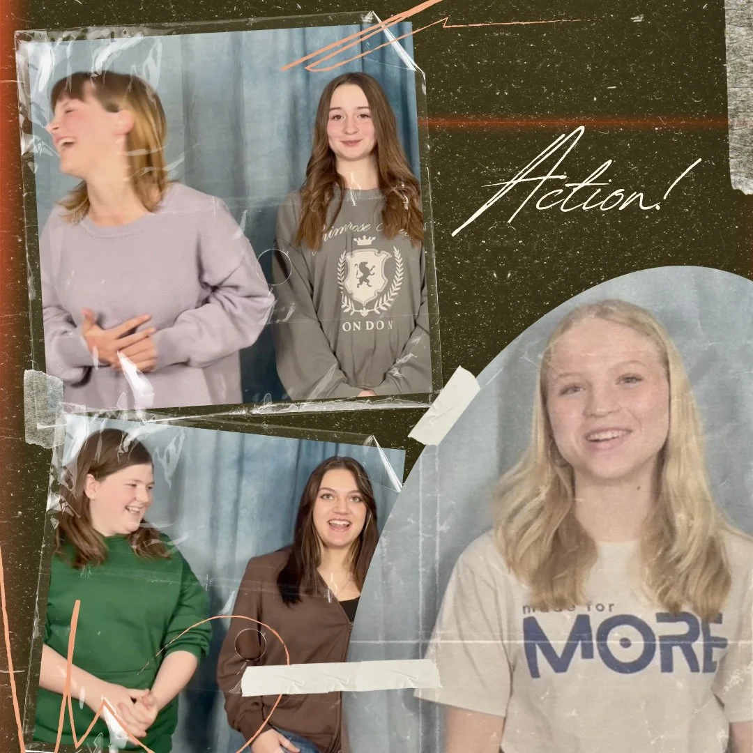 Collage of two groups of girls smiling and laughing, with a large girl on the right wearing a shirt that says 'more'. The background is textured with tape, scribbles, and the word 'Action!' written in cursive.