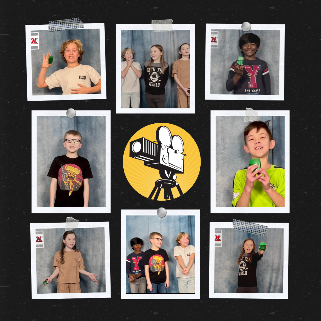 Six children holding small green objects, with some children standing and some posing, set against a blue curtain background, arranged around a central graphic of vintage film camera equipment.