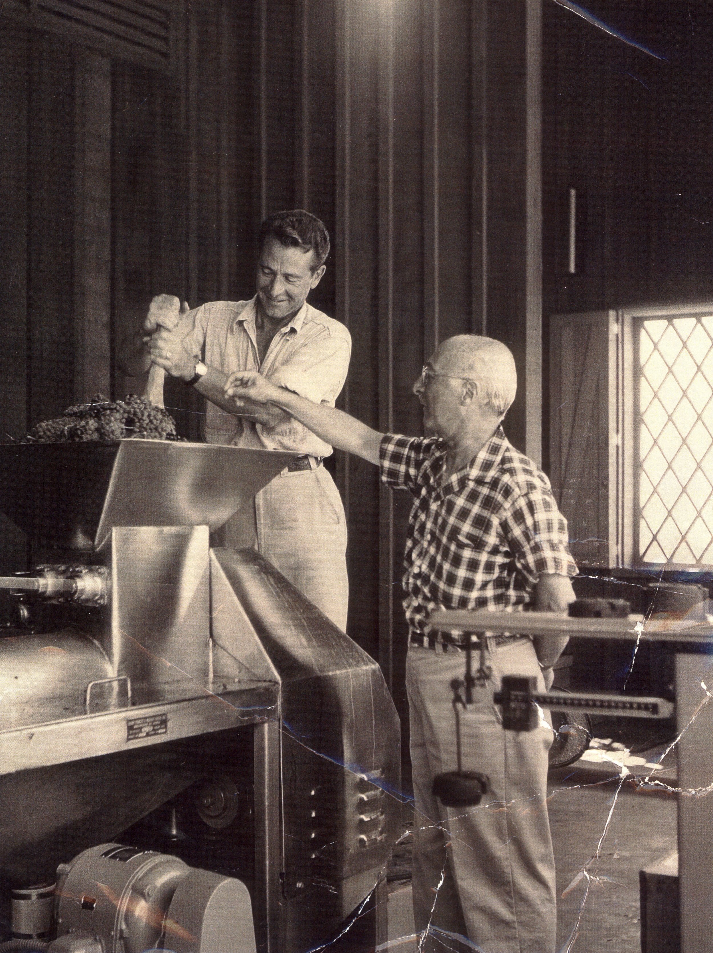 Black and White photo of Ivan Schoch and James Zellerbach using winery equipment in the 1950s