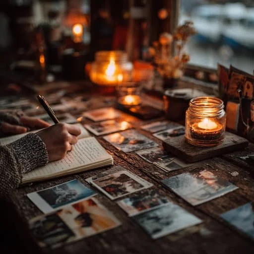 Only a hand visible writing on a desk totally organized with 3 candles lit.