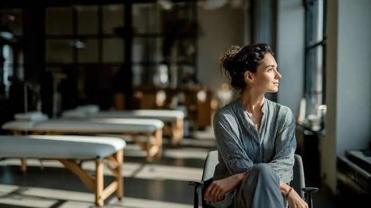 A wellness looking contemplatively out the window with an empty studio behind her.