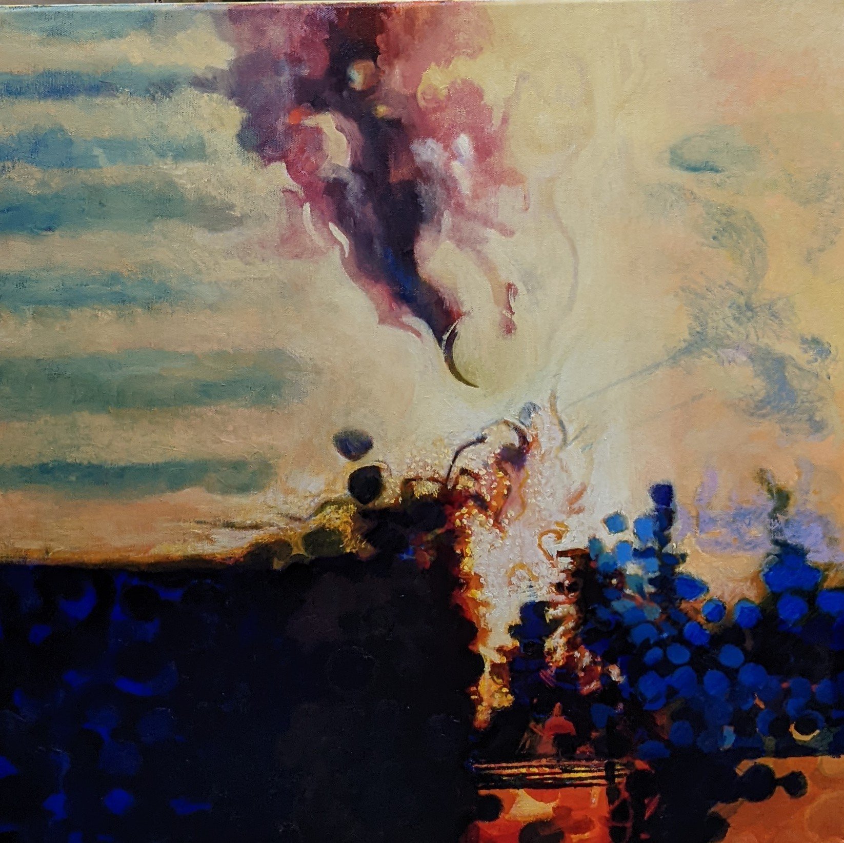 'The great divide' Oil on canvas. The point at which two Parishes meet. The Stebbing Brook is only two meters wide but like La Manche separates two communities, the old and the new.