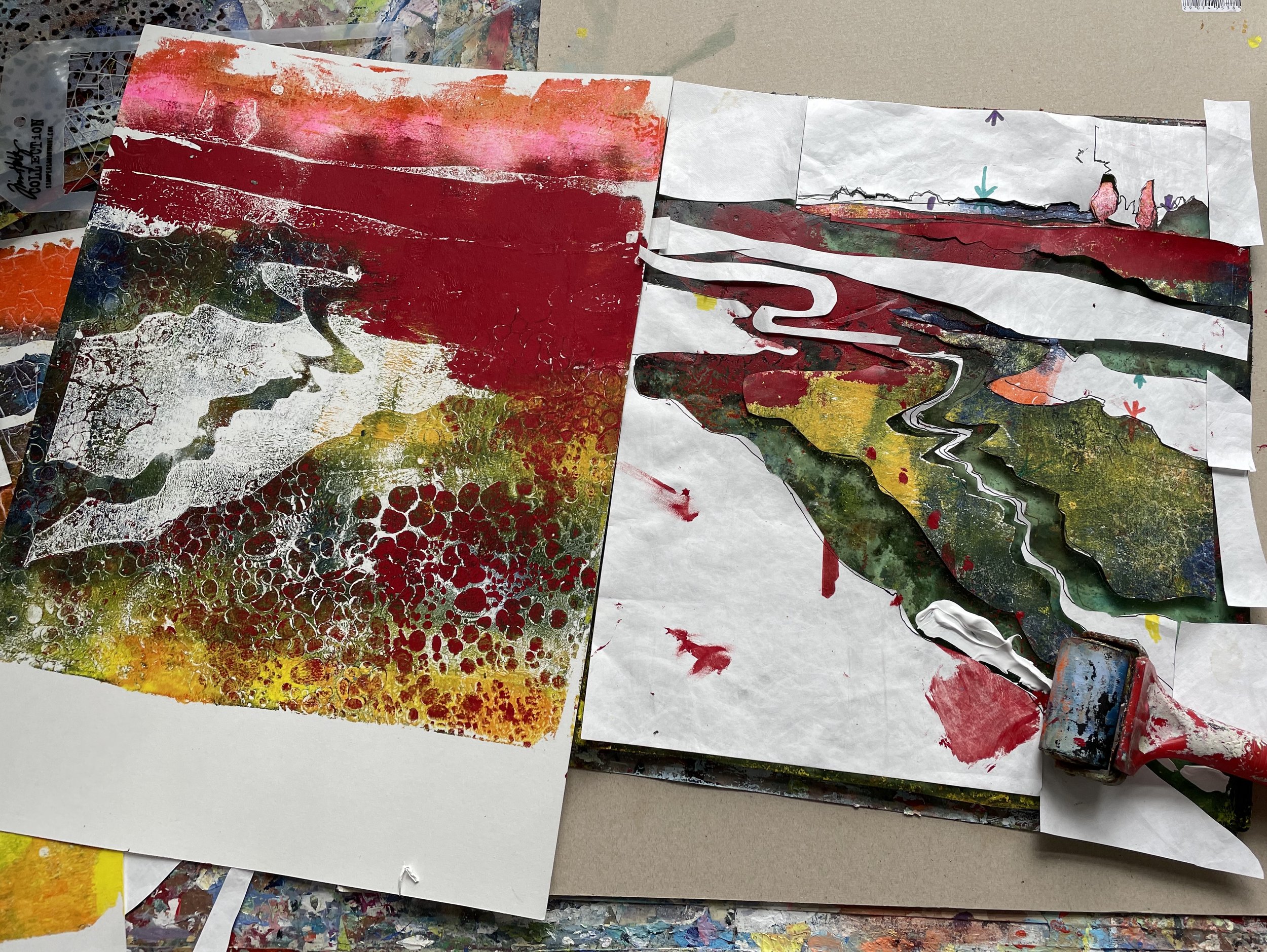 Take a mono print, repeat using different textures and masks.
