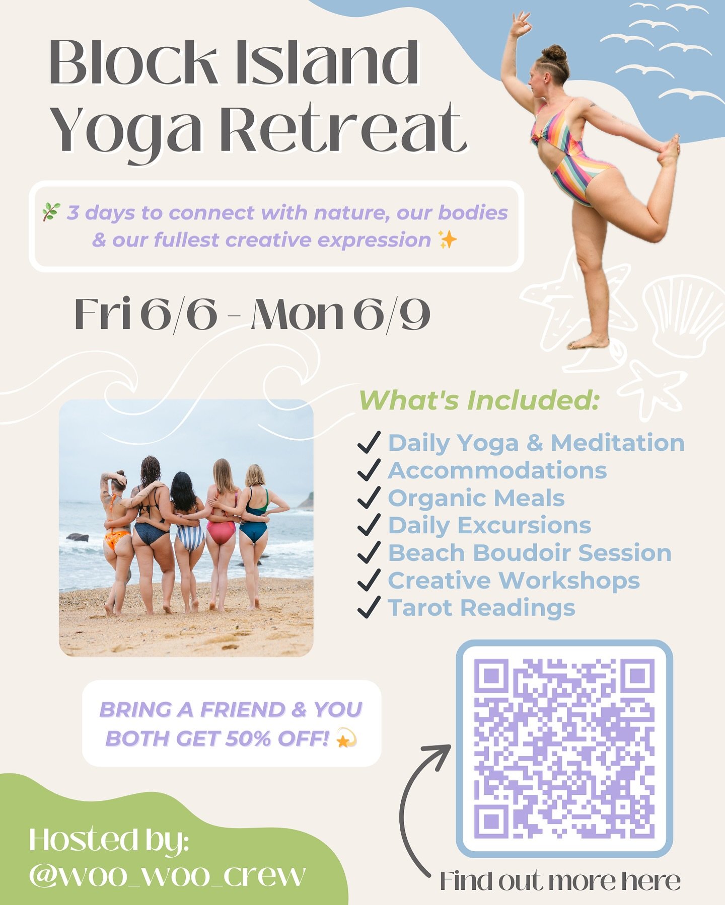 LAST CHANCE to book your June escape!! 🌊🐠

💫 Bring a friend, and you both get 50% off! 👯

🏖️🧘Hosted by @woo_woo_crew &amp; @blockislandinns
🍑Empowering beach boudoir by @renaissanceroomboudoir
🌿Organic meals by @persephoneskitchen
🎨Creative 