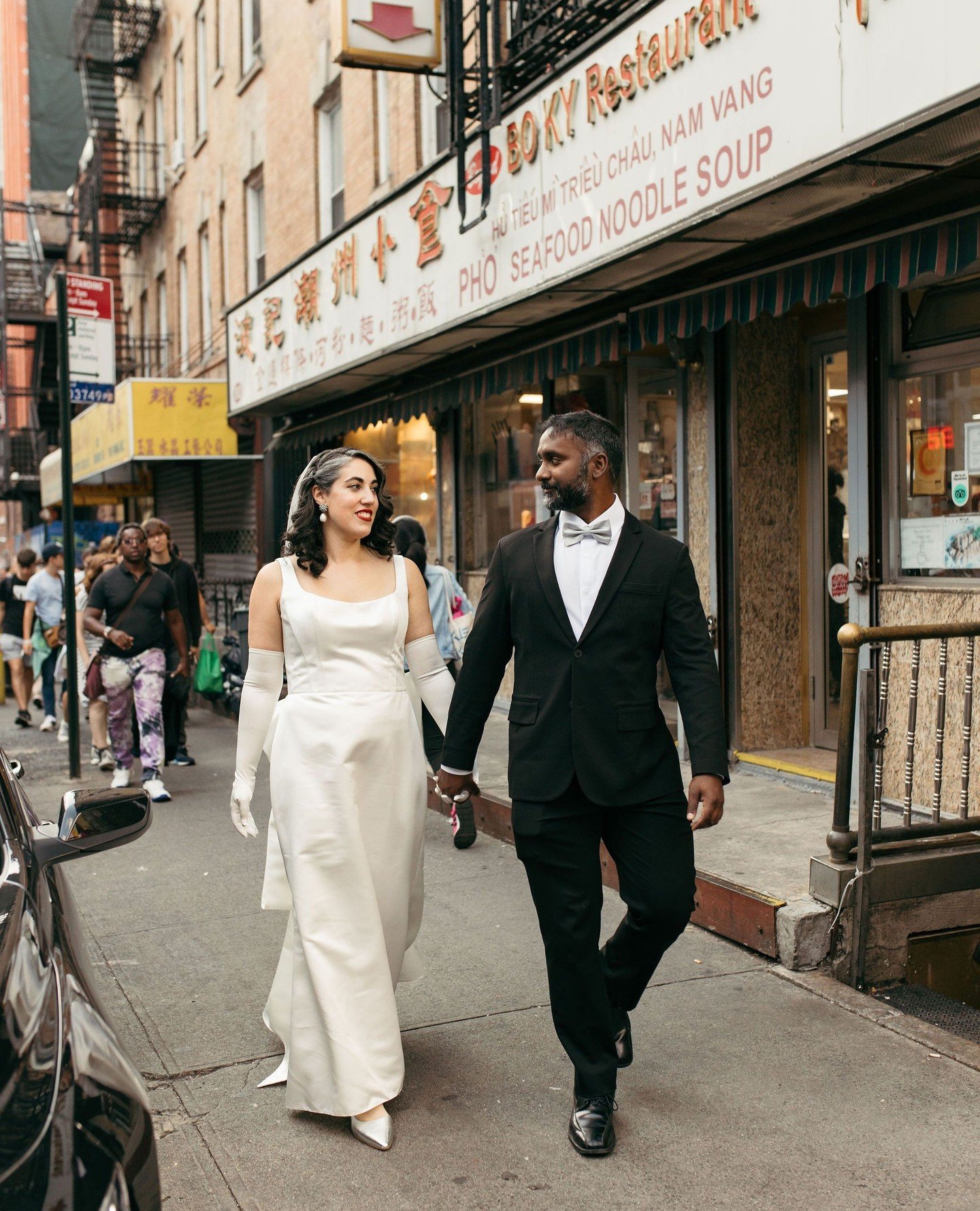 Recreating their first date in Chinatown over 10 years ago, Sharon &amp; Tristan returned to the Lower East Side for their first photos together as a married couple 💍✨️🏮 After a Manhattan courthouse elopement, the two shared drinks at the Beekman H