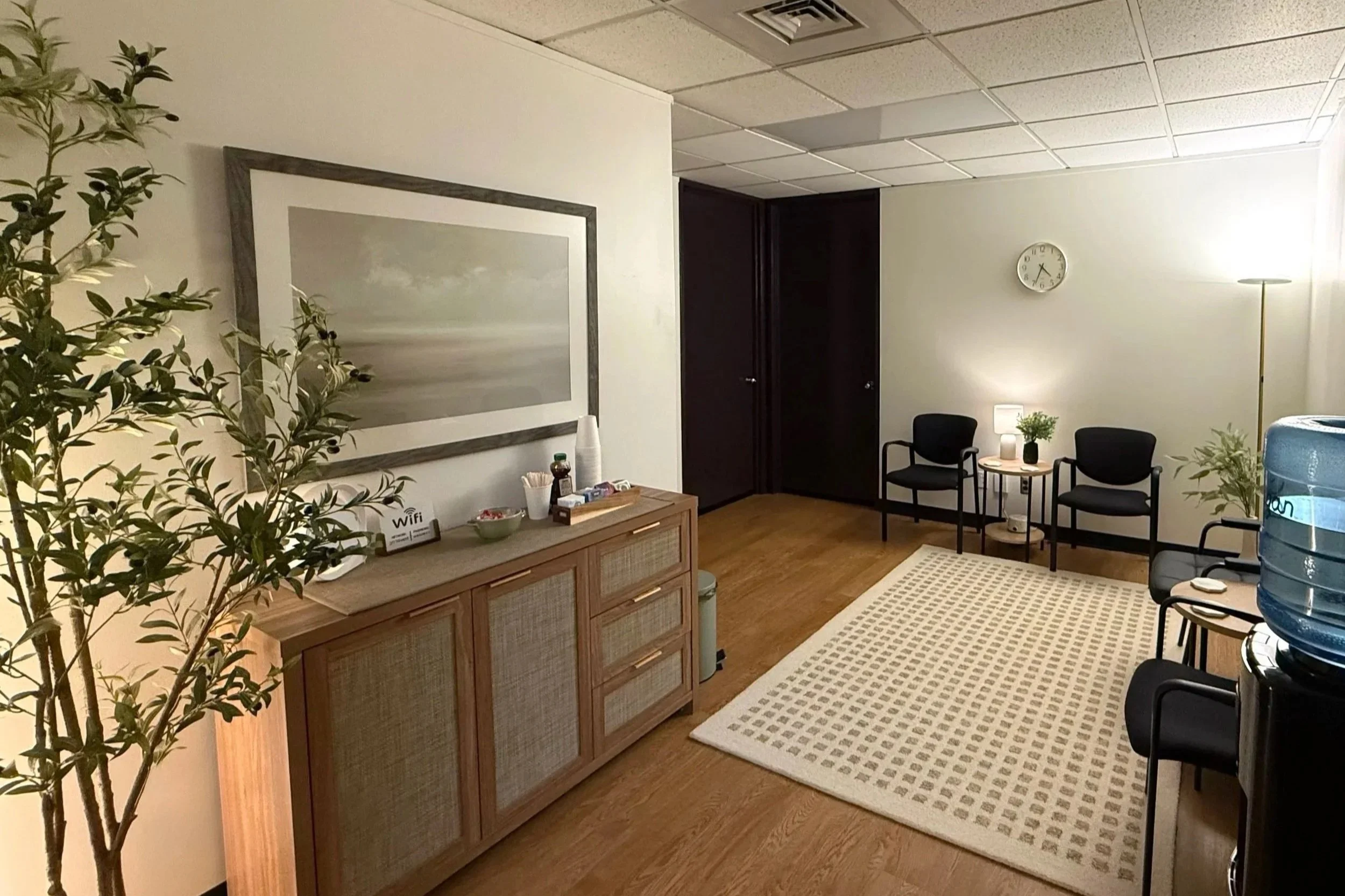 Office waiting area with black chairs, a small table with a plant, a floor lamp, and a white clock on the wall. A large water cooler is on the right, and a beige rug covers part of the wooden floor. A wooden cabinet with supplies is along the left wall, with a framed picture above it. Potted plants and a rug are in the room.