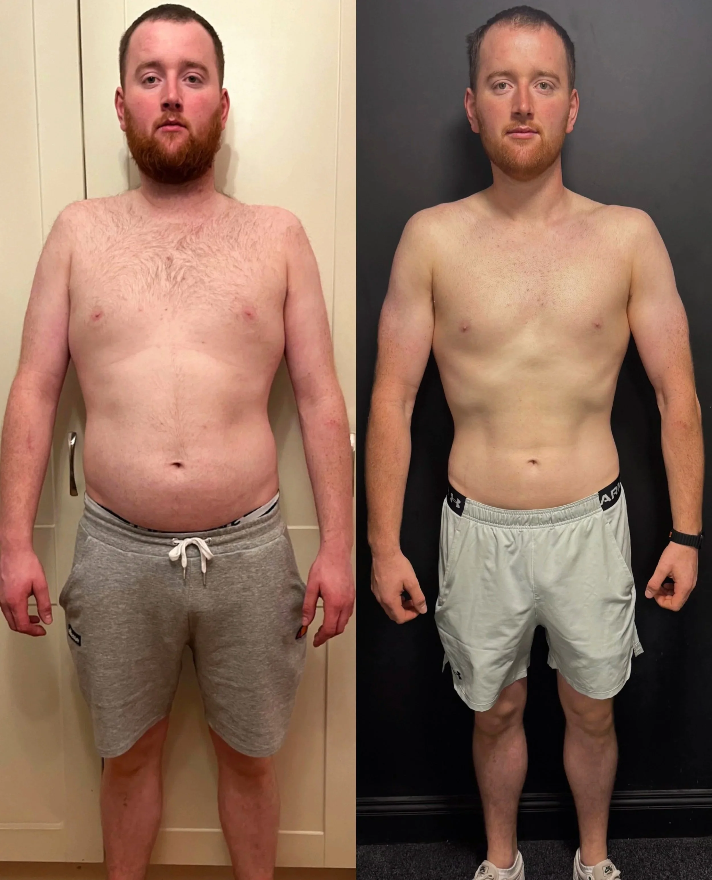 Side-by-side comparison photo of a man showing weight loss and muscle gain. Left side: man with a heavier build, wearing gray shorts. Right side: same man with a slimmer, more defined physique, wearing beige shorts.
