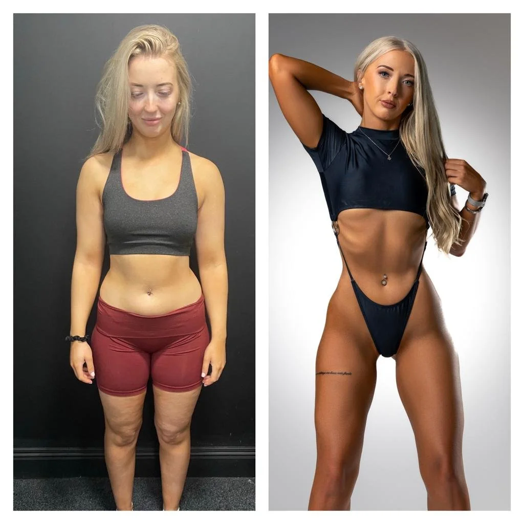 Side-by-side photos of the same woman before and after a fitness transformation; on the left, she has a fuller figure, and on the right, she has a toned, muscular physique wearing a black crop top and matching bikini bottoms.