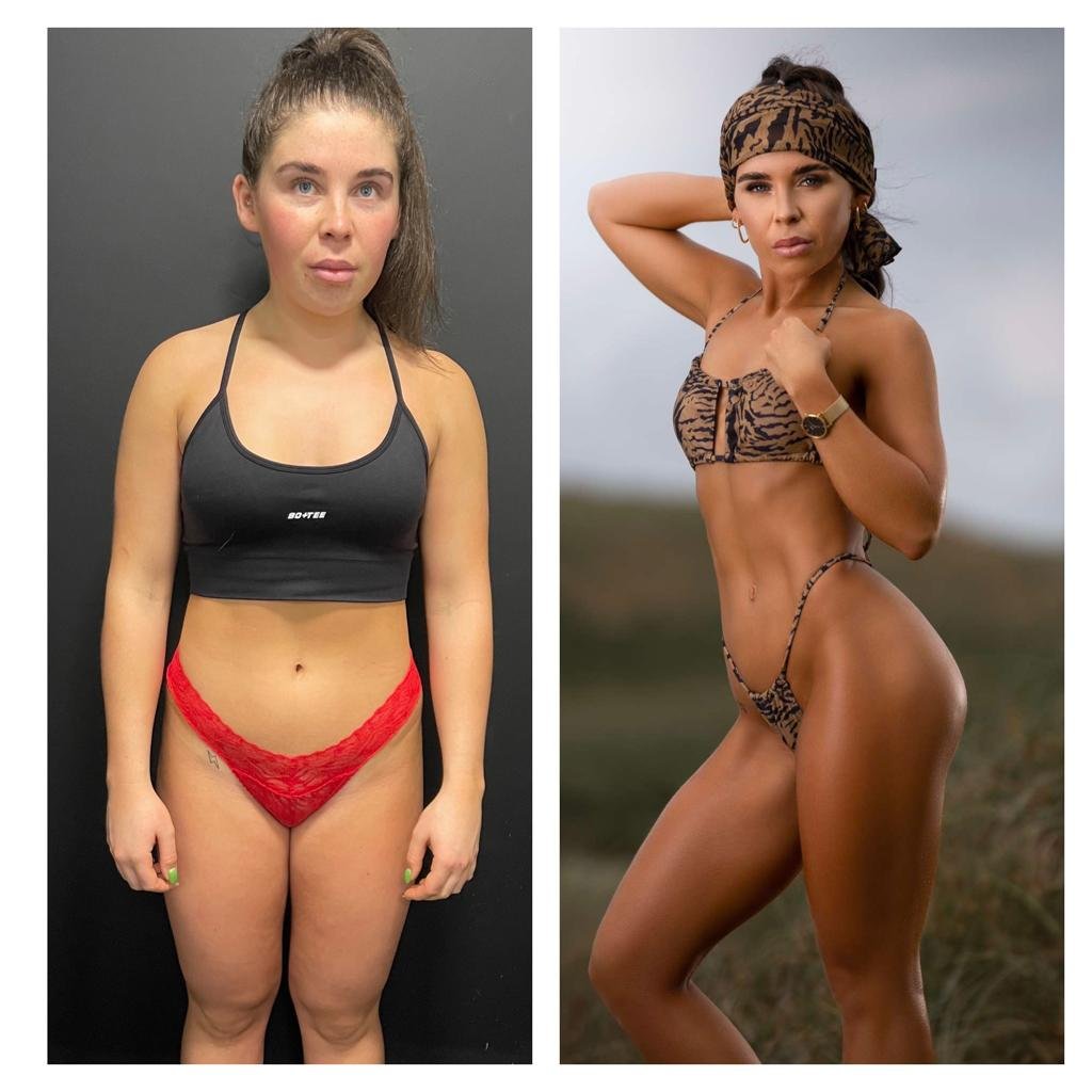 Comparison of two women in different swimwear and poses, one casual and the other in a more styled, outdoors setting.