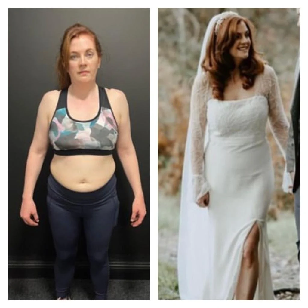 Comparison of a woman before and after weight loss. In the 'before' photo, she is wearing workout clothes and standing against a plain background. In the 'after' photo, she is wearing a wedding dress and smiling outdoors.
