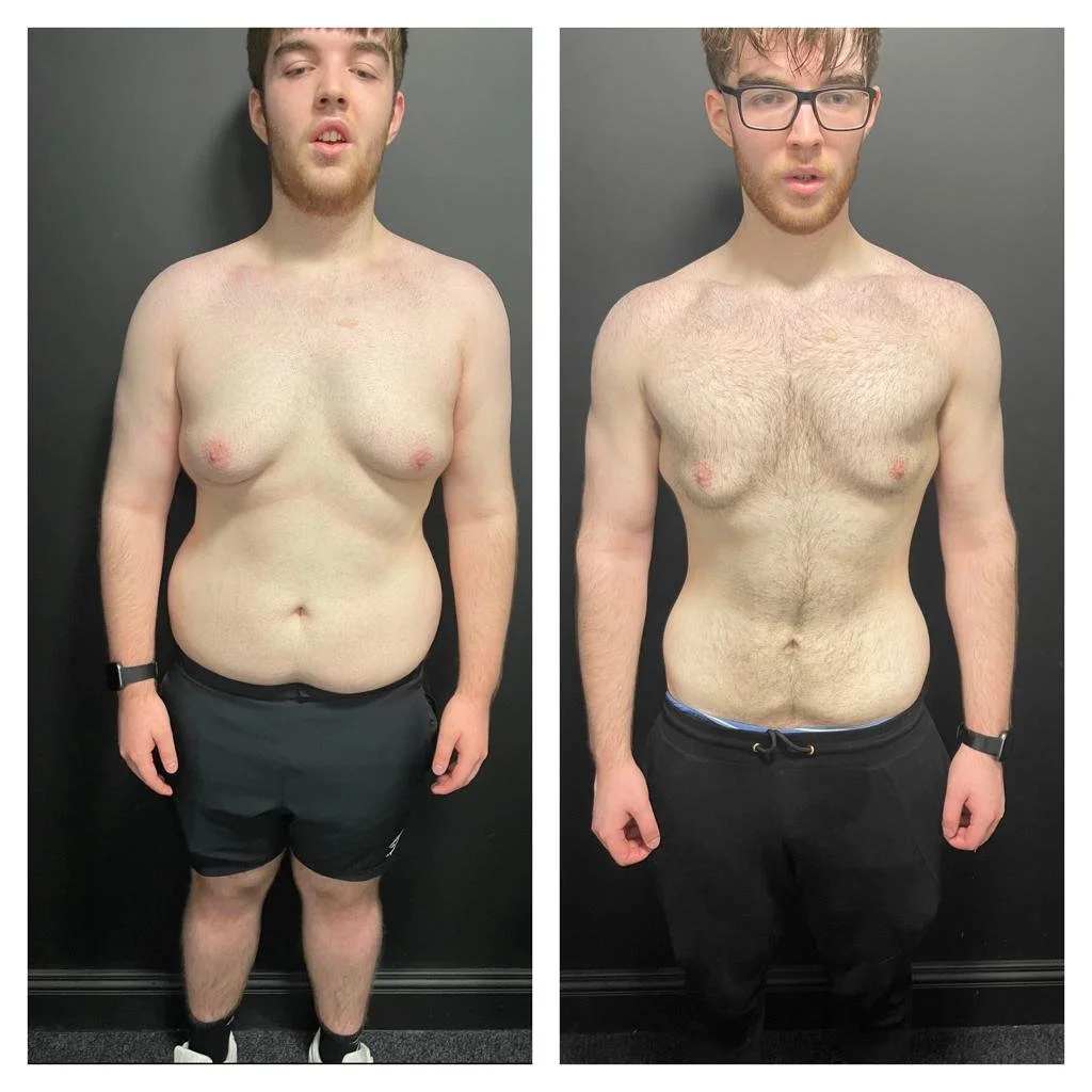 Side-by-side comparison of a young man before and after weight loss and fitness transformation. The before photo shows him with a fuller face and body, wearing black shorts, with less muscle tone. The after photo shows him with a slimmer physique, more defined muscles, and wearing glasses and black pants.