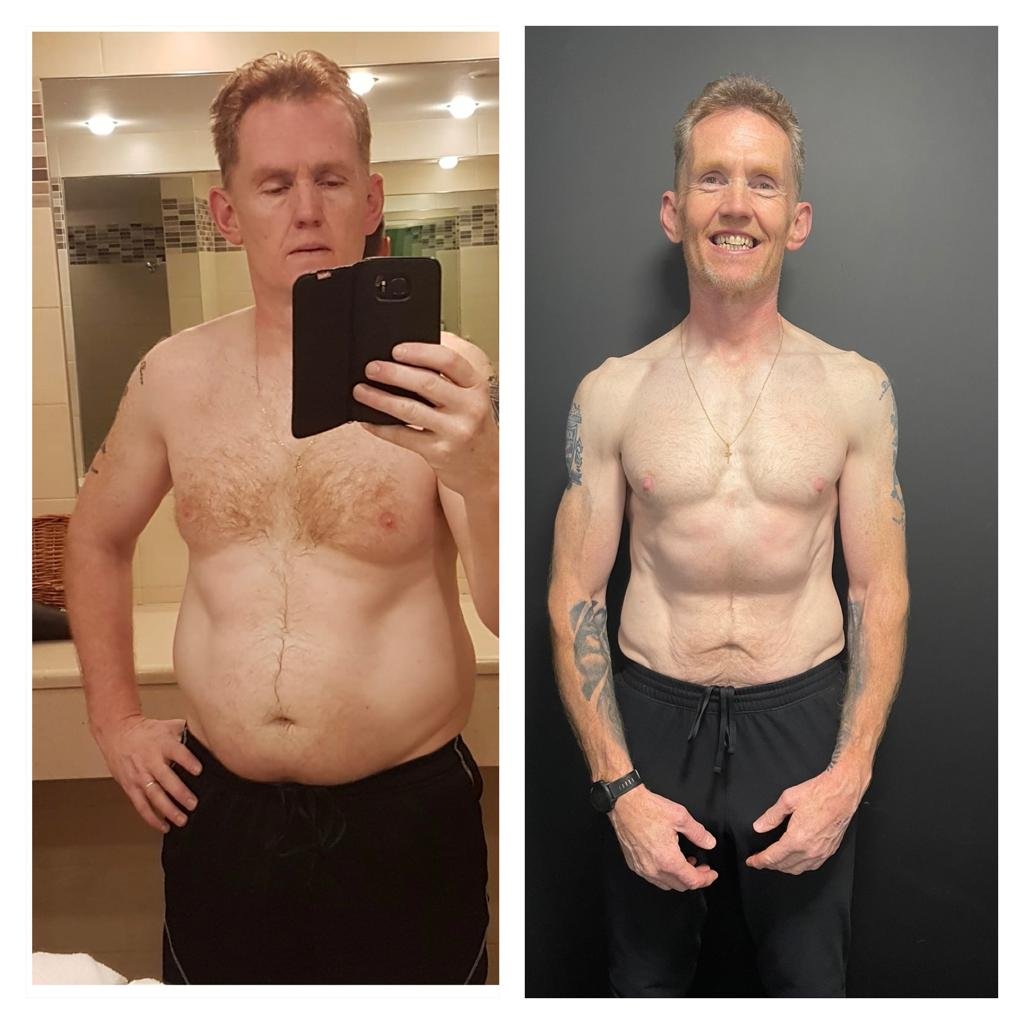 Side-by-side before and after photos of a shirtless man showing weight loss and physical transformation, smiling in the after photo.