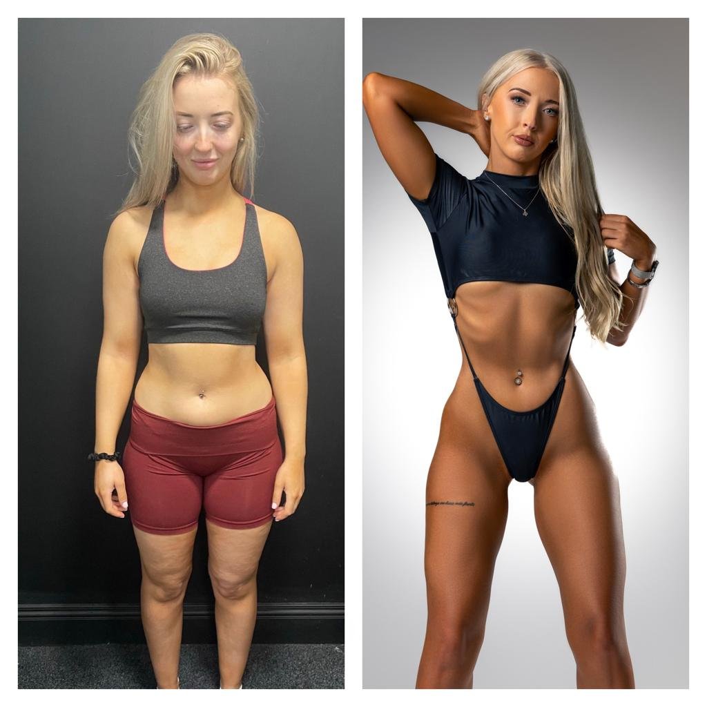 Side-by-side comparison of a woman before and after fitness transformation, showing weight loss and toned physique.