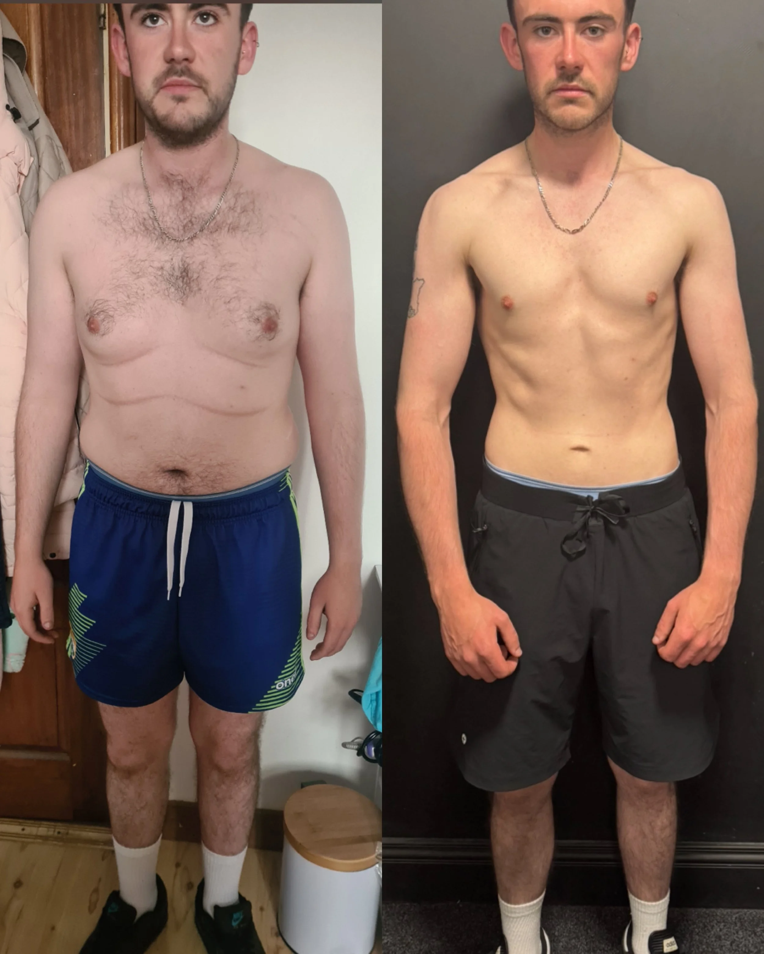 Side-by-side photos of a man before and after body transformation. In the left photo, he has a heavier build with more body fat, and in the right photo, he appears leaner and fitter.